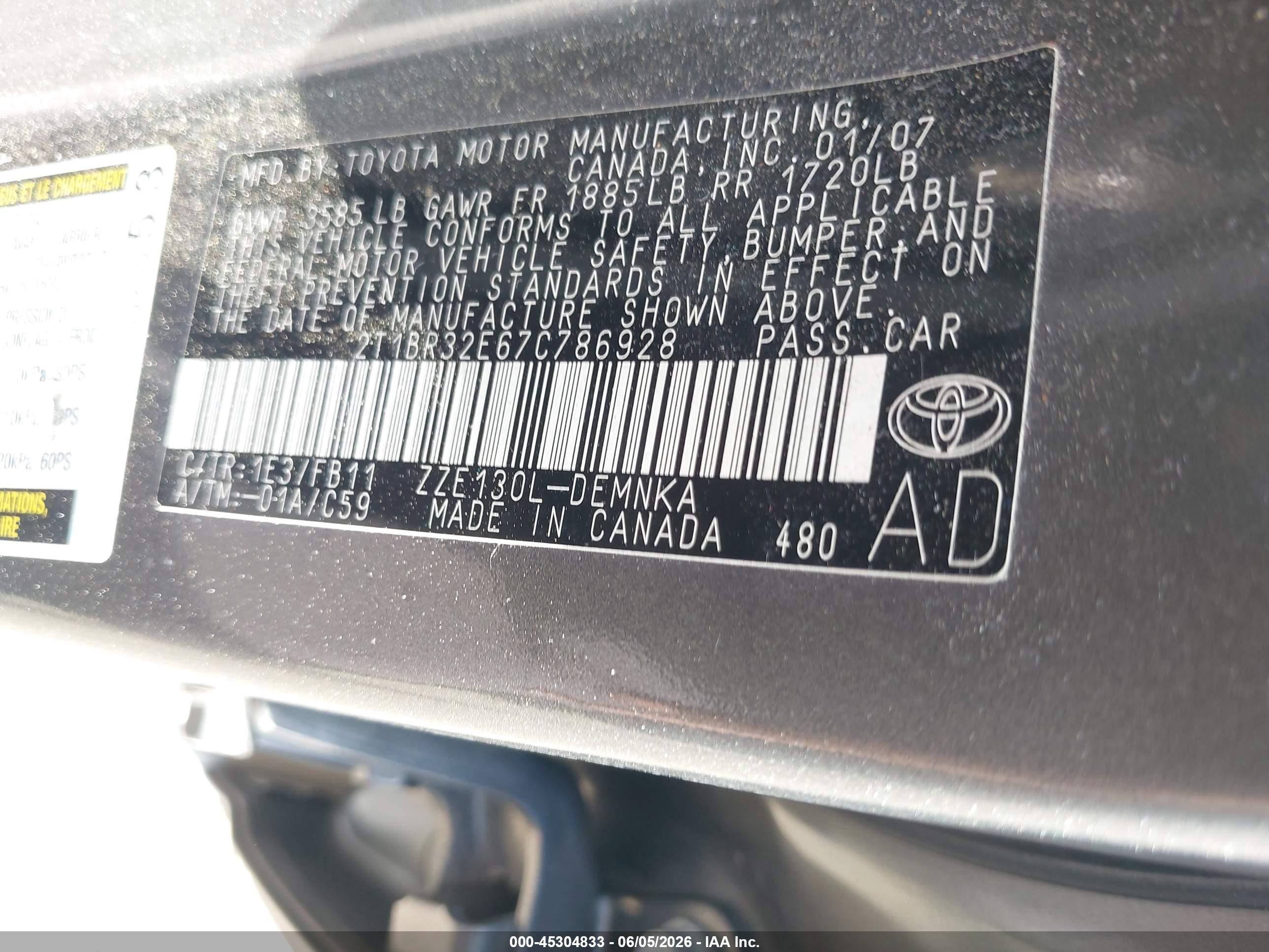 2007 Toyota Corolla Le Gray vin: 2T1BR32E67C786928