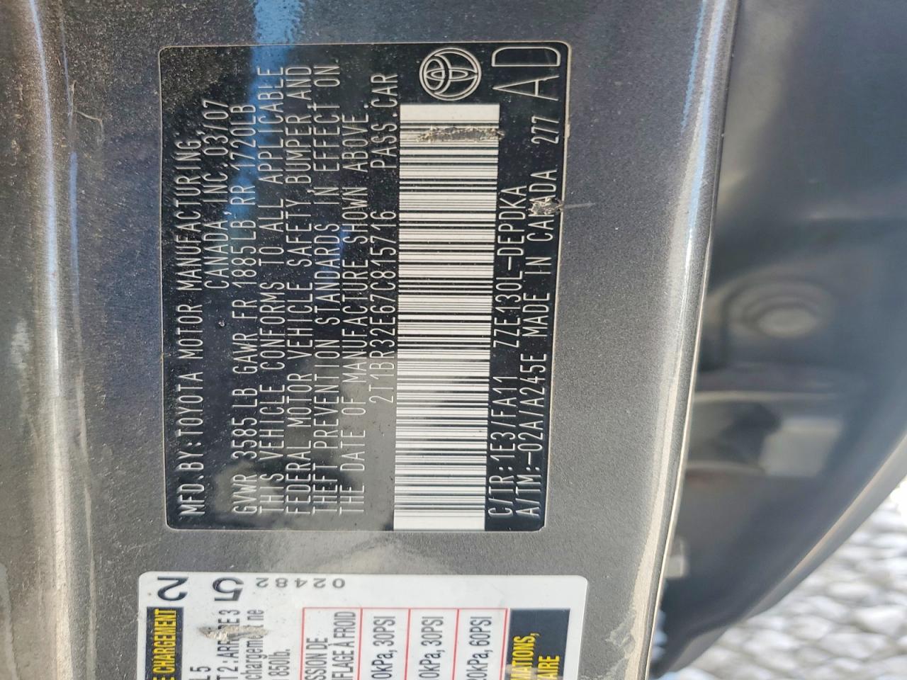 2007 Toyota Corolla Ce Gray vin: 2T1BR32E67C815716