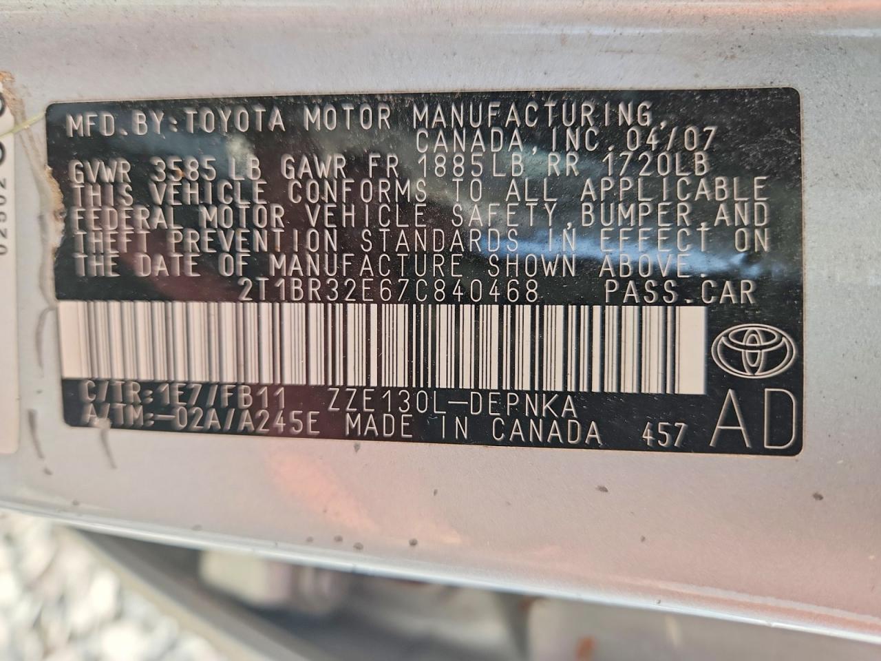 2007 Toyota Corolla Le Серебряный vin: 2T1BR32E67C840468
