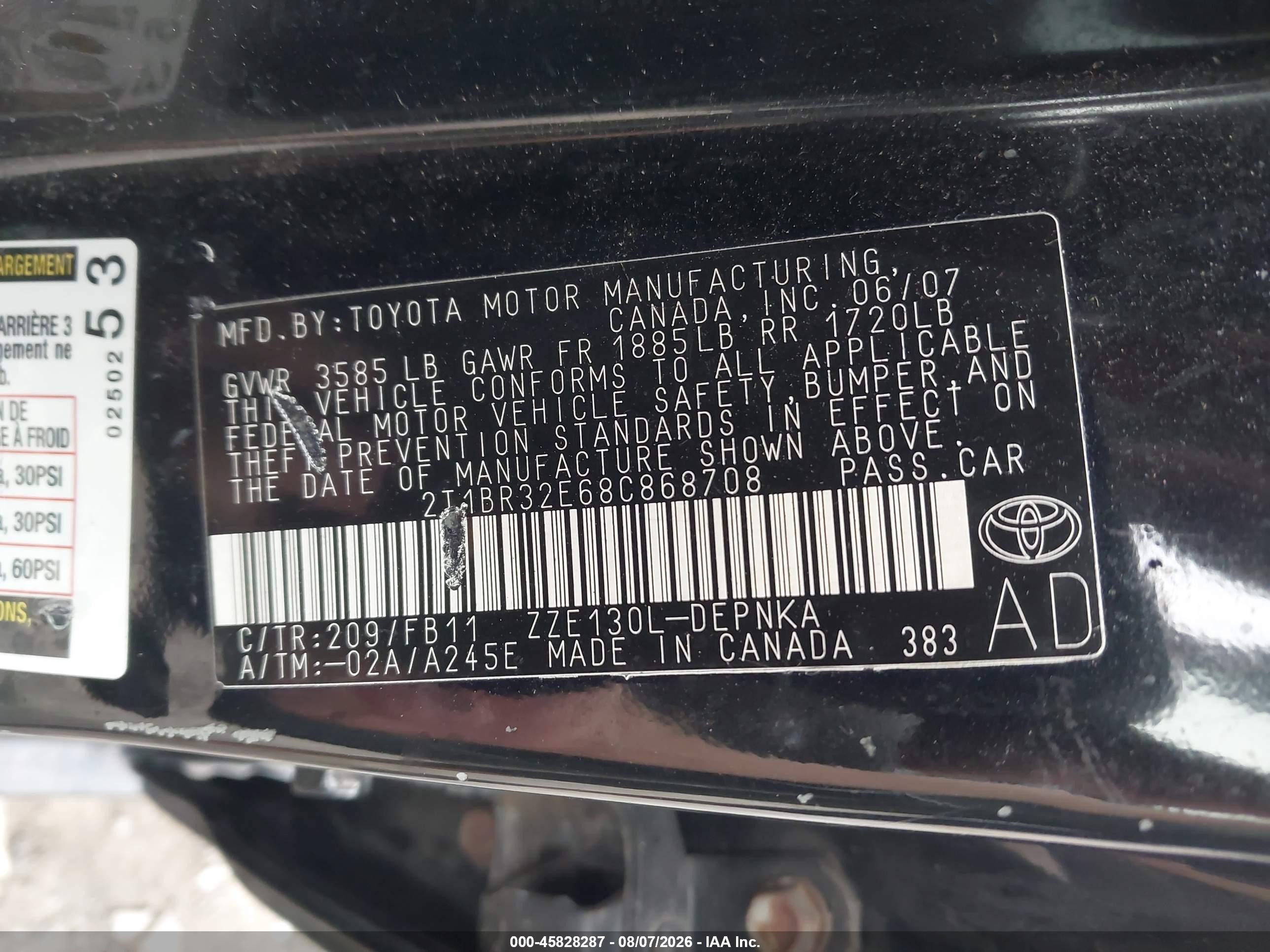 2008 Toyota Corolla Le Black vin: 2T1BR32E68C868708