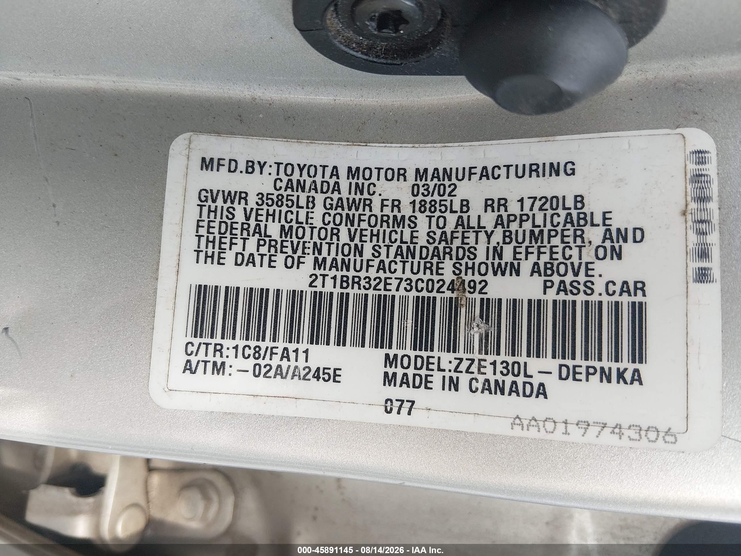 2003 Toyota Corolla Le Silver vin: 2T1BR32E73C024492