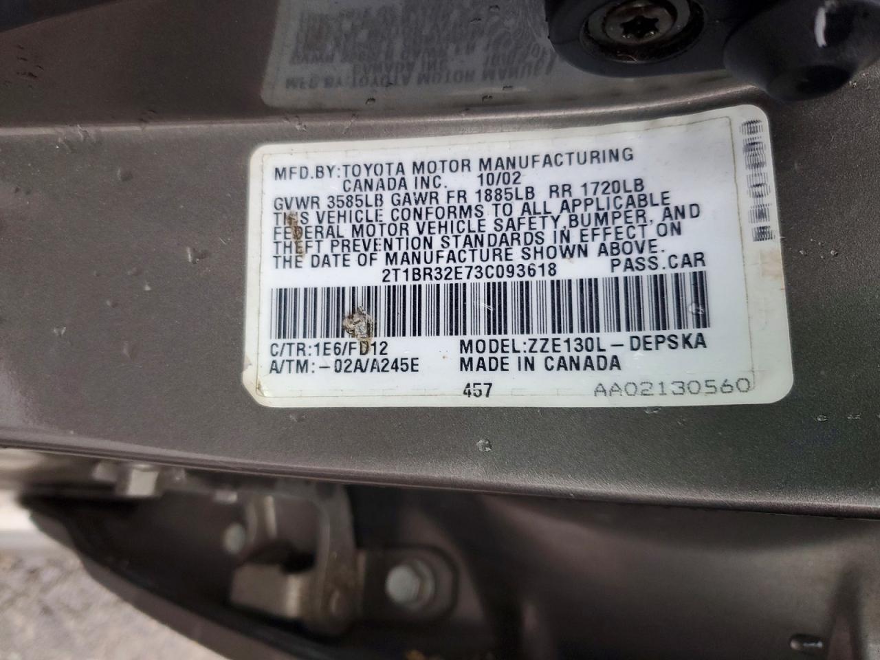 2003 Toyt Corolla Серый vin: 2T1BR32E73C093618