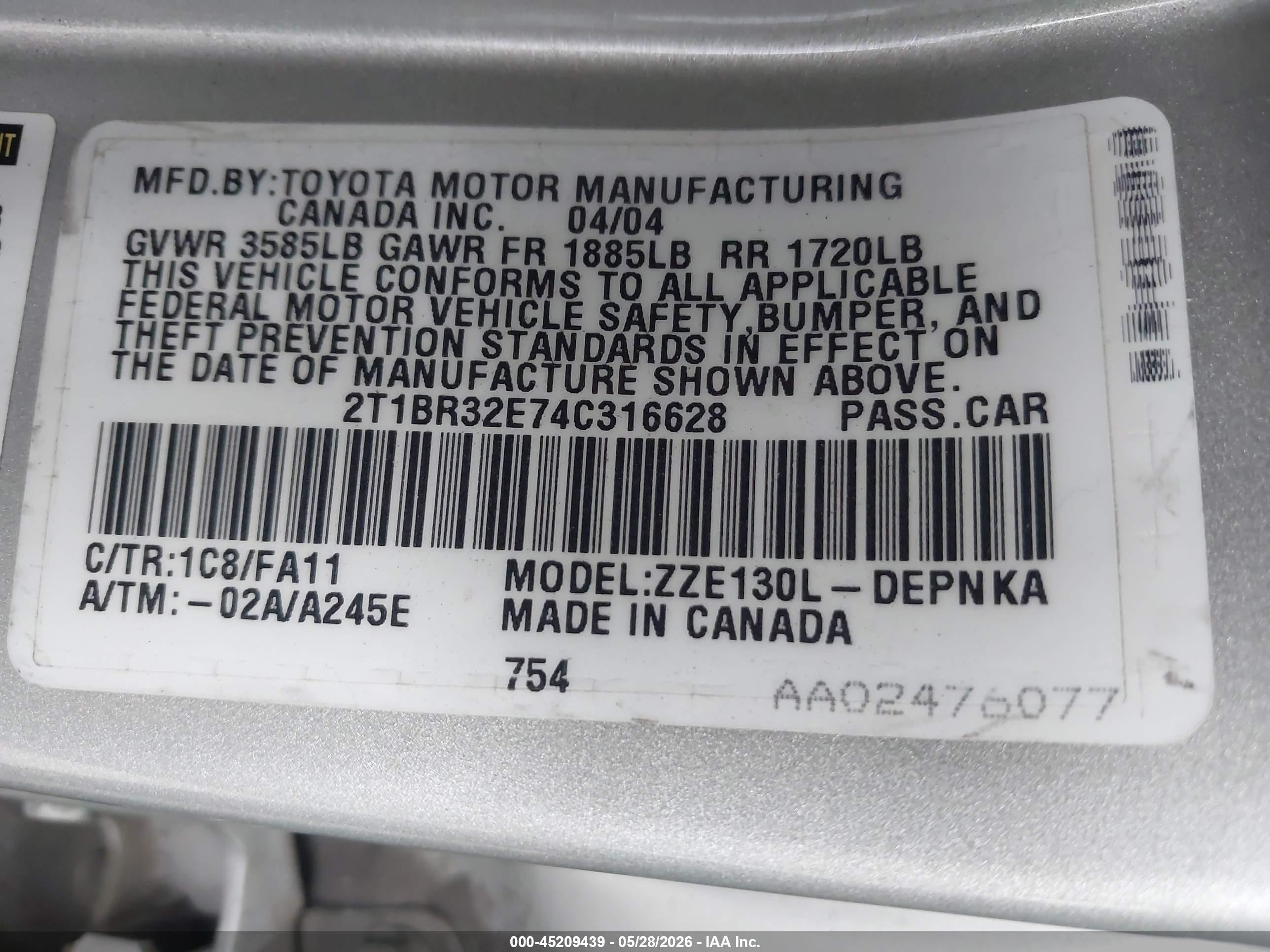 2004 Toyota Corolla Le Silver vin: 2T1BR32E74C316628