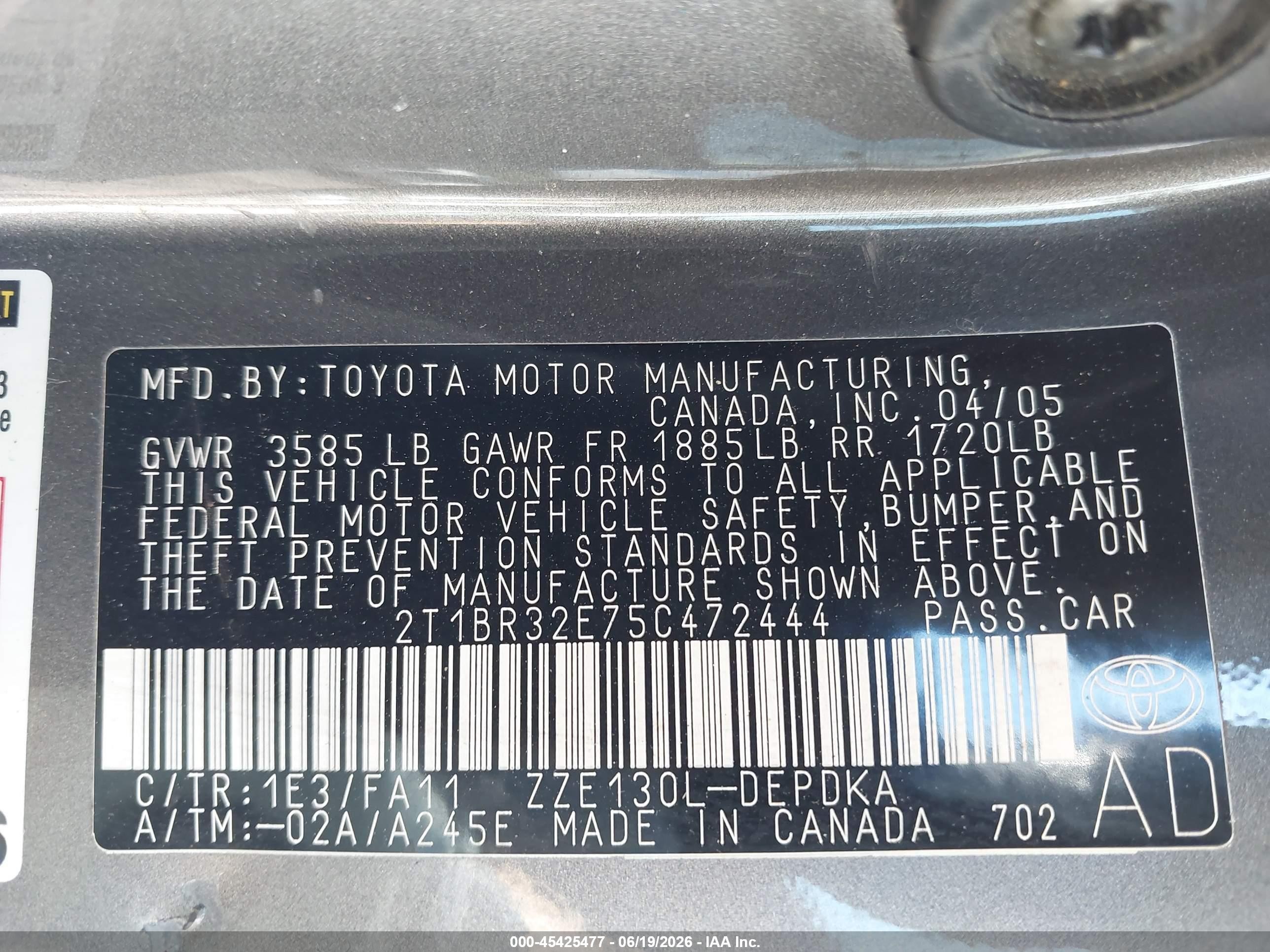 2005 Toyota Corolla Ce Gray vin: 2T1BR32E75C472444