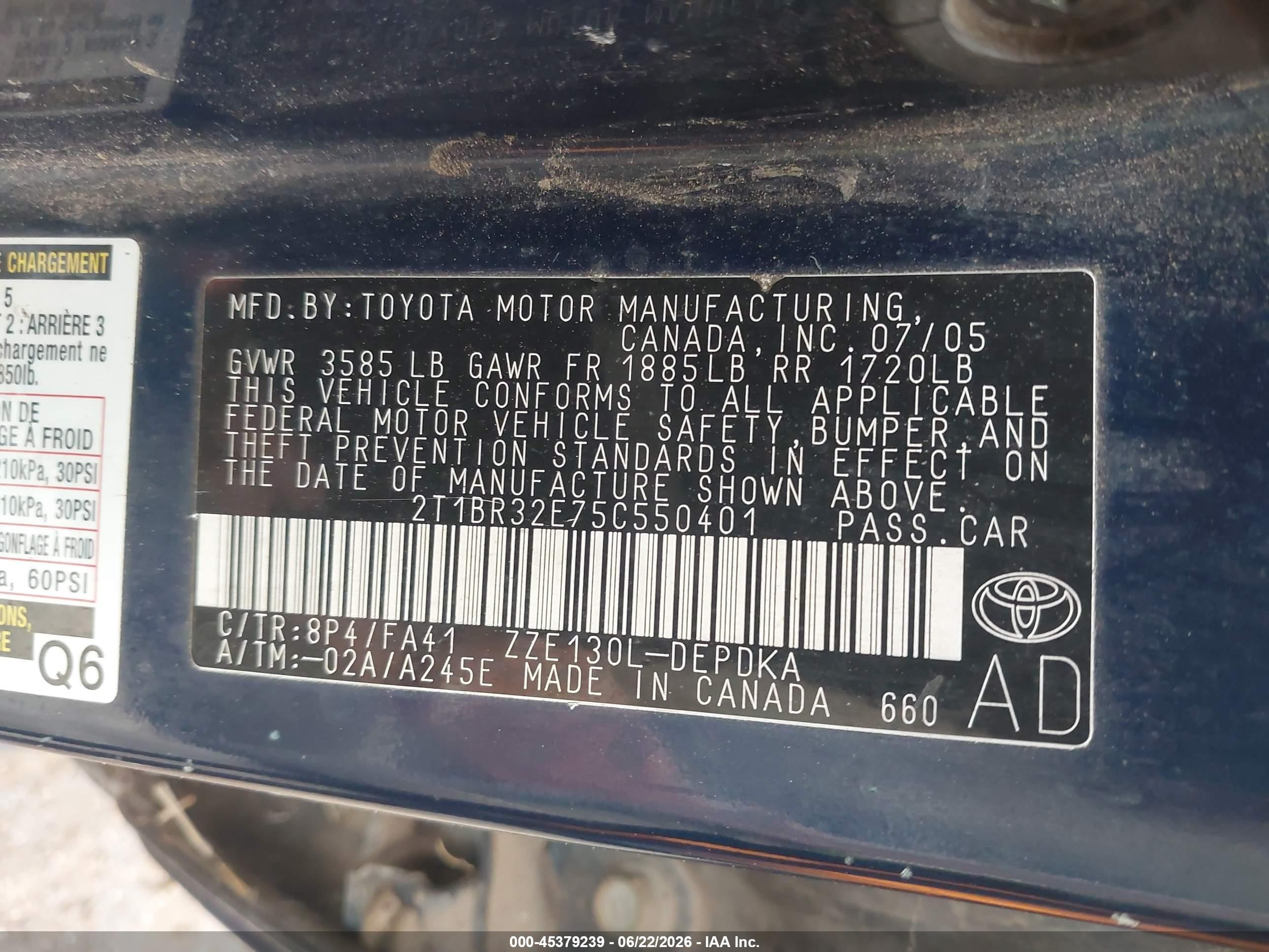 2005 Toyota Corolla Ce Blue vin: 2T1BR32E75C550401