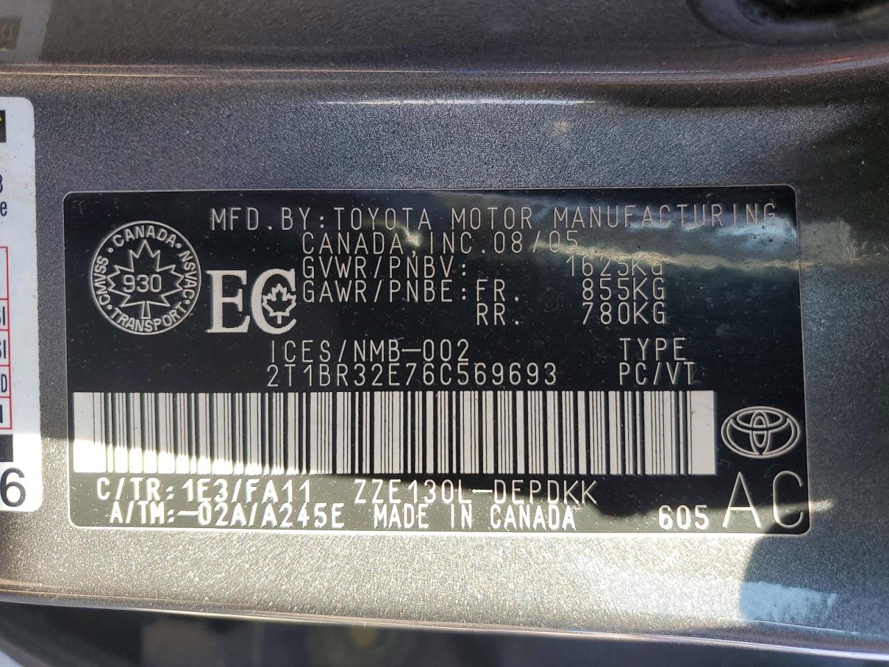 2006 Toyota Corolla Ce Gray vin: 2T1BR32E76C569693