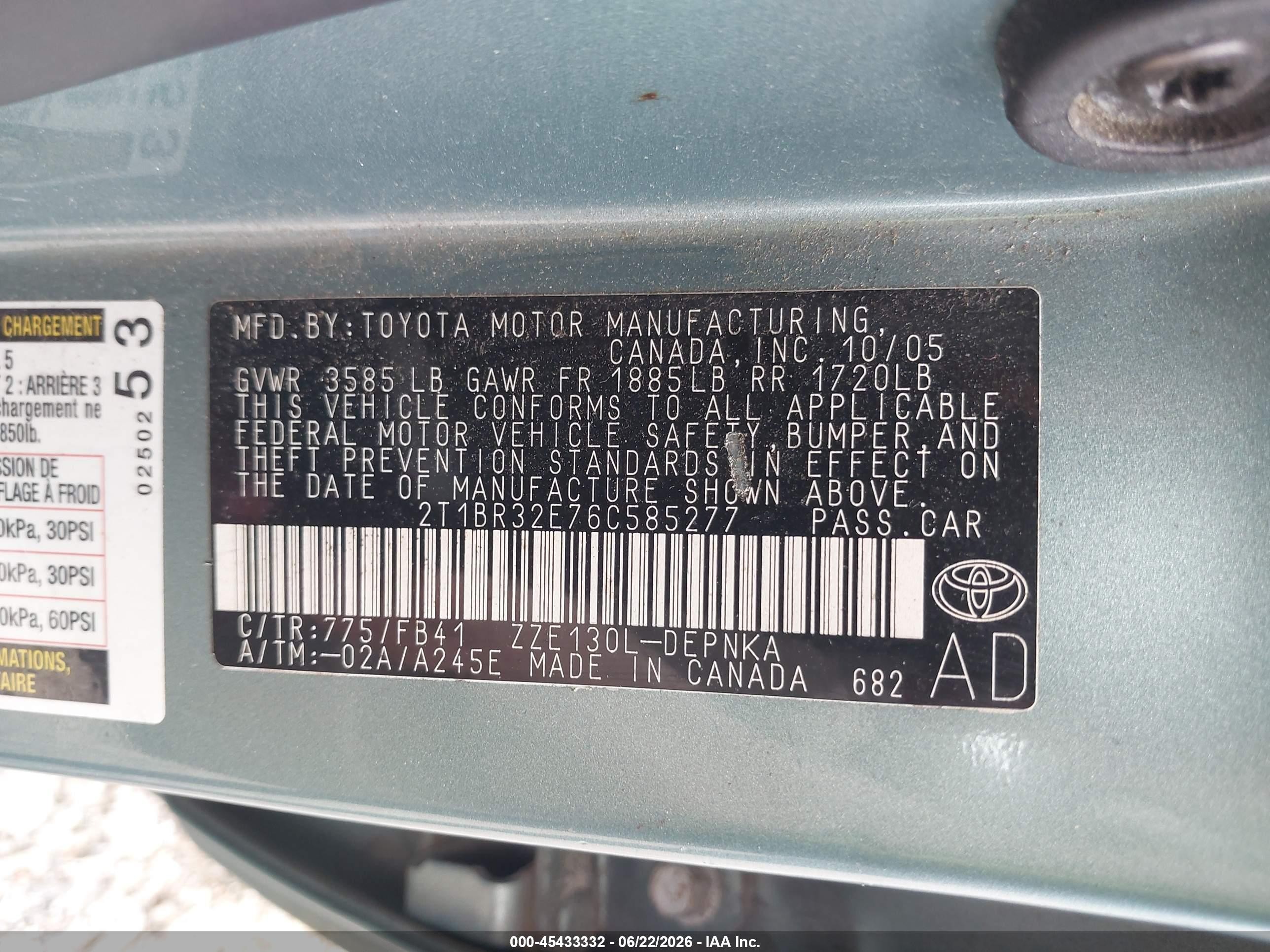 2006 Toyota Corolla Le Turquoise vin: 2T1BR32E76C585277