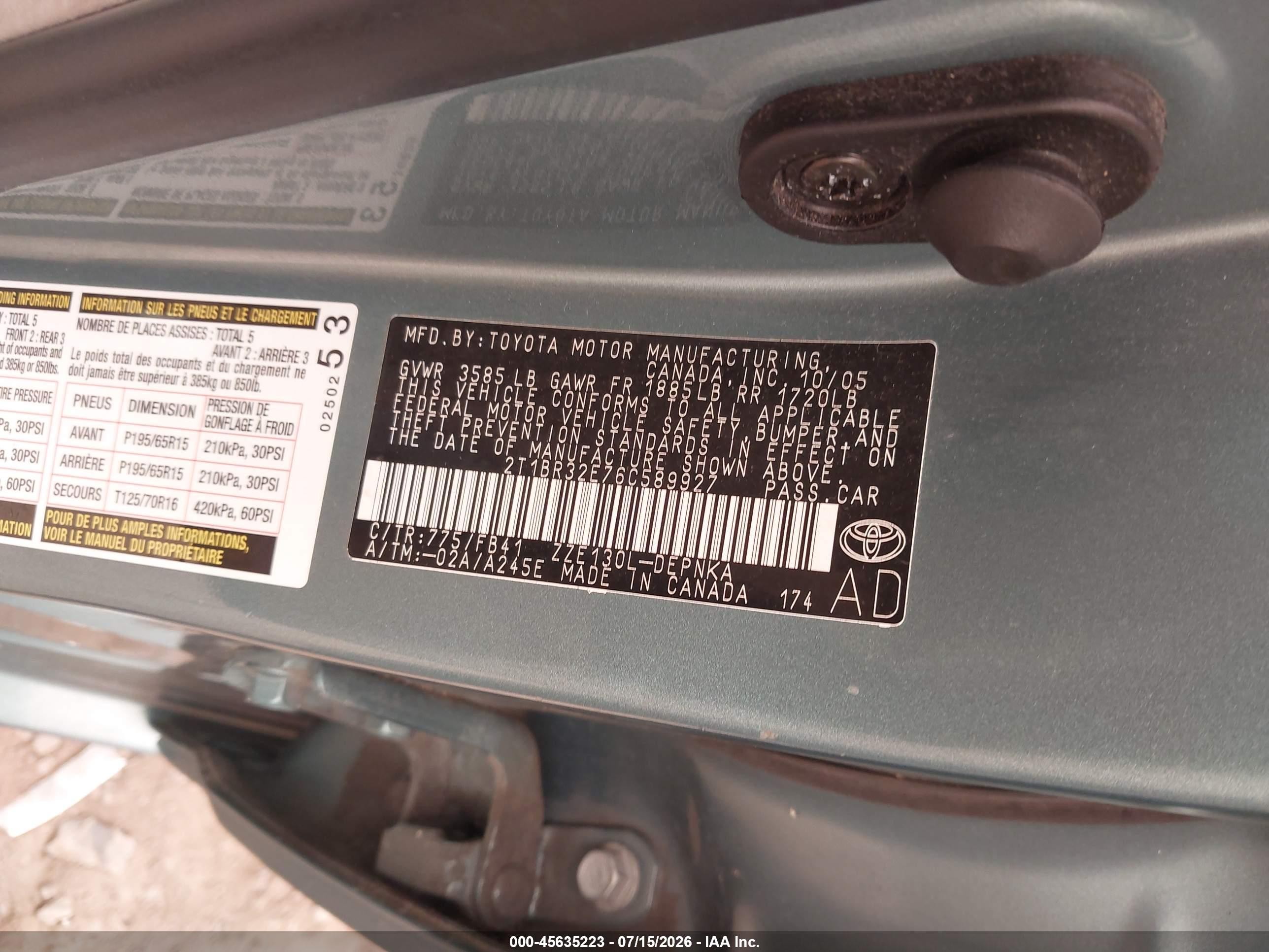 2006 Toyota Corolla Le Бирюзовый vin: 2T1BR32E76C589927