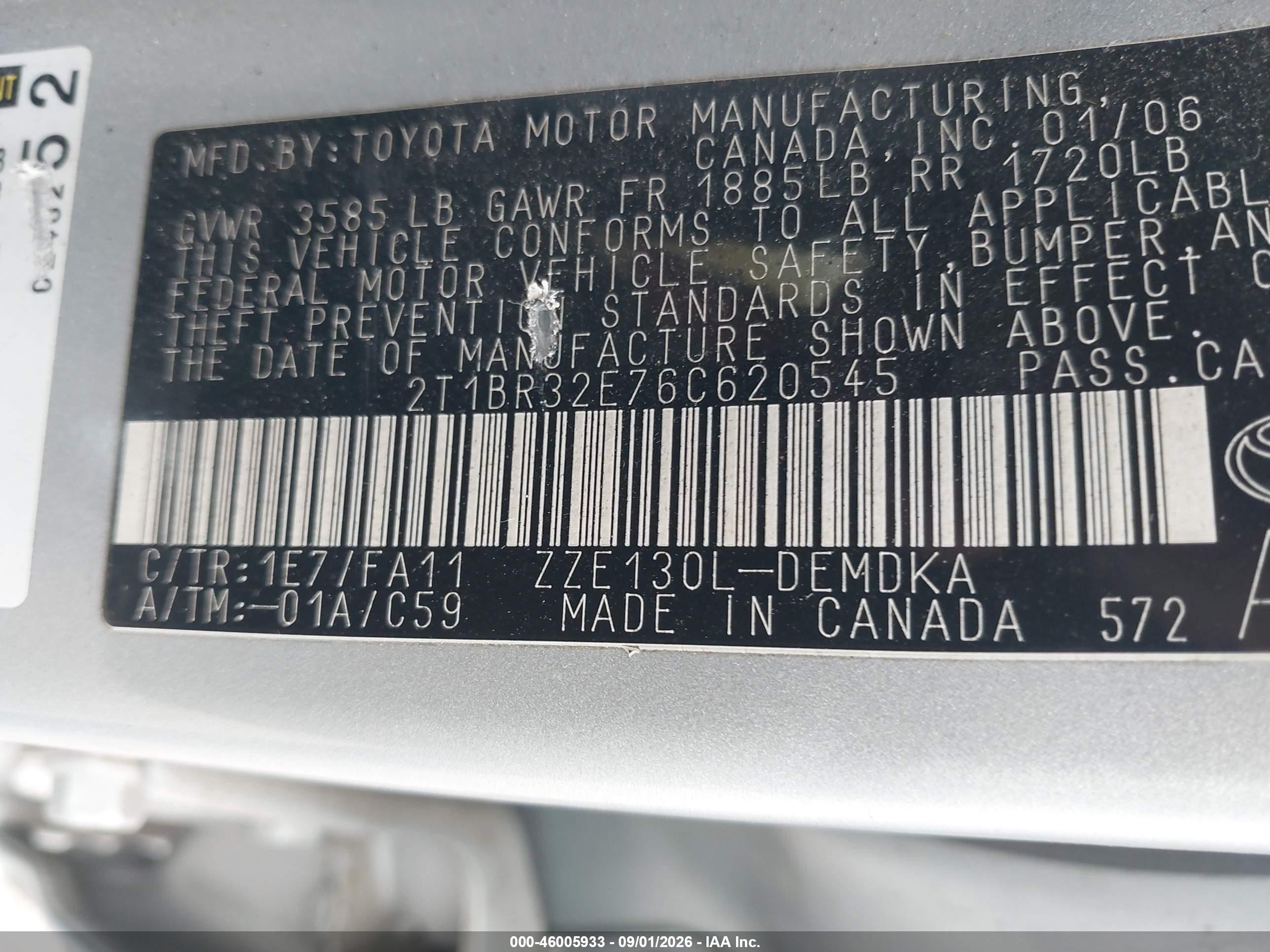 2006 Toyota Corolla Ce Silver vin: 2T1BR32E76C620545