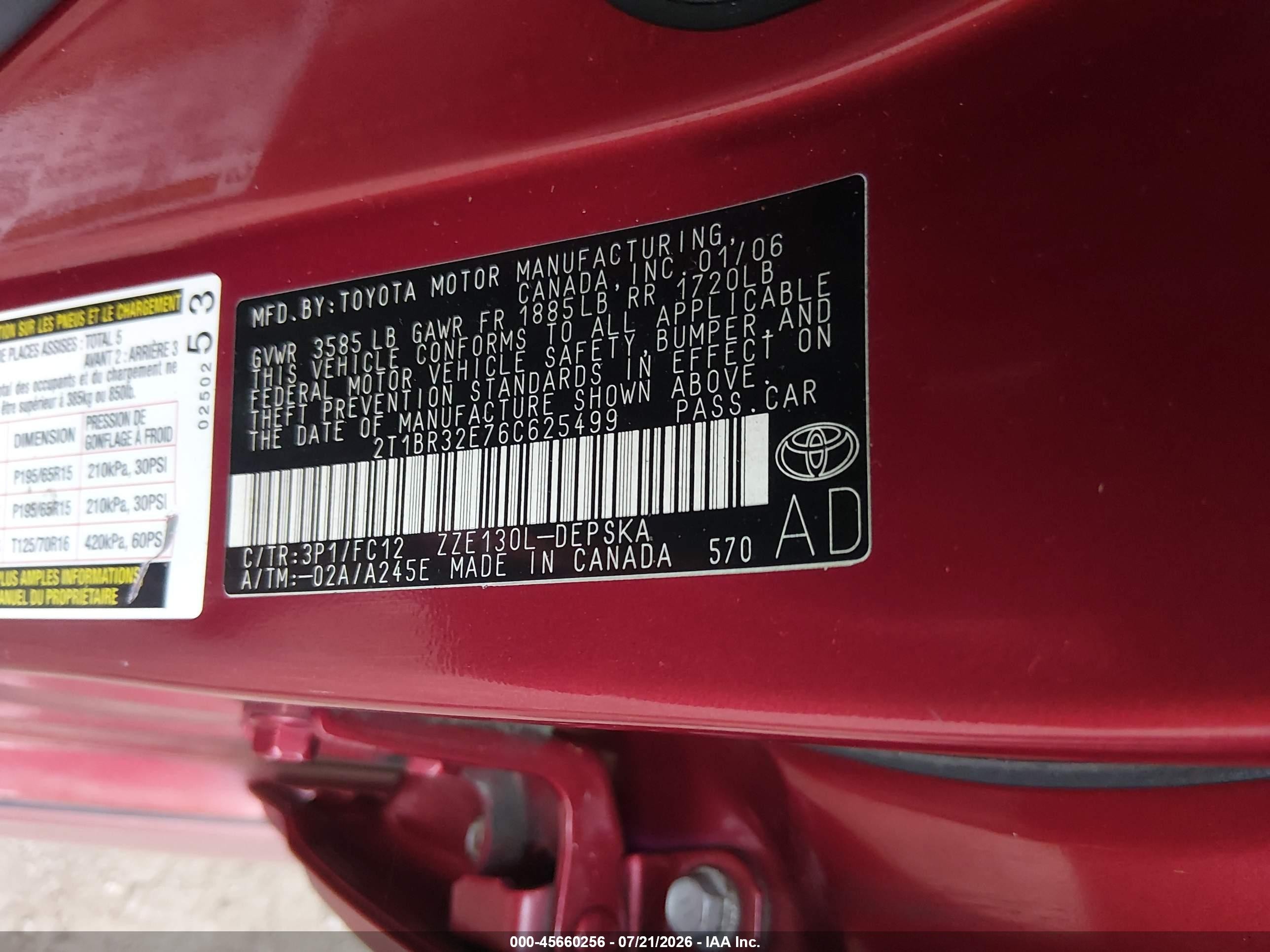2006 Toyota Corolla S Красный vin: 2T1BR32E76C625499