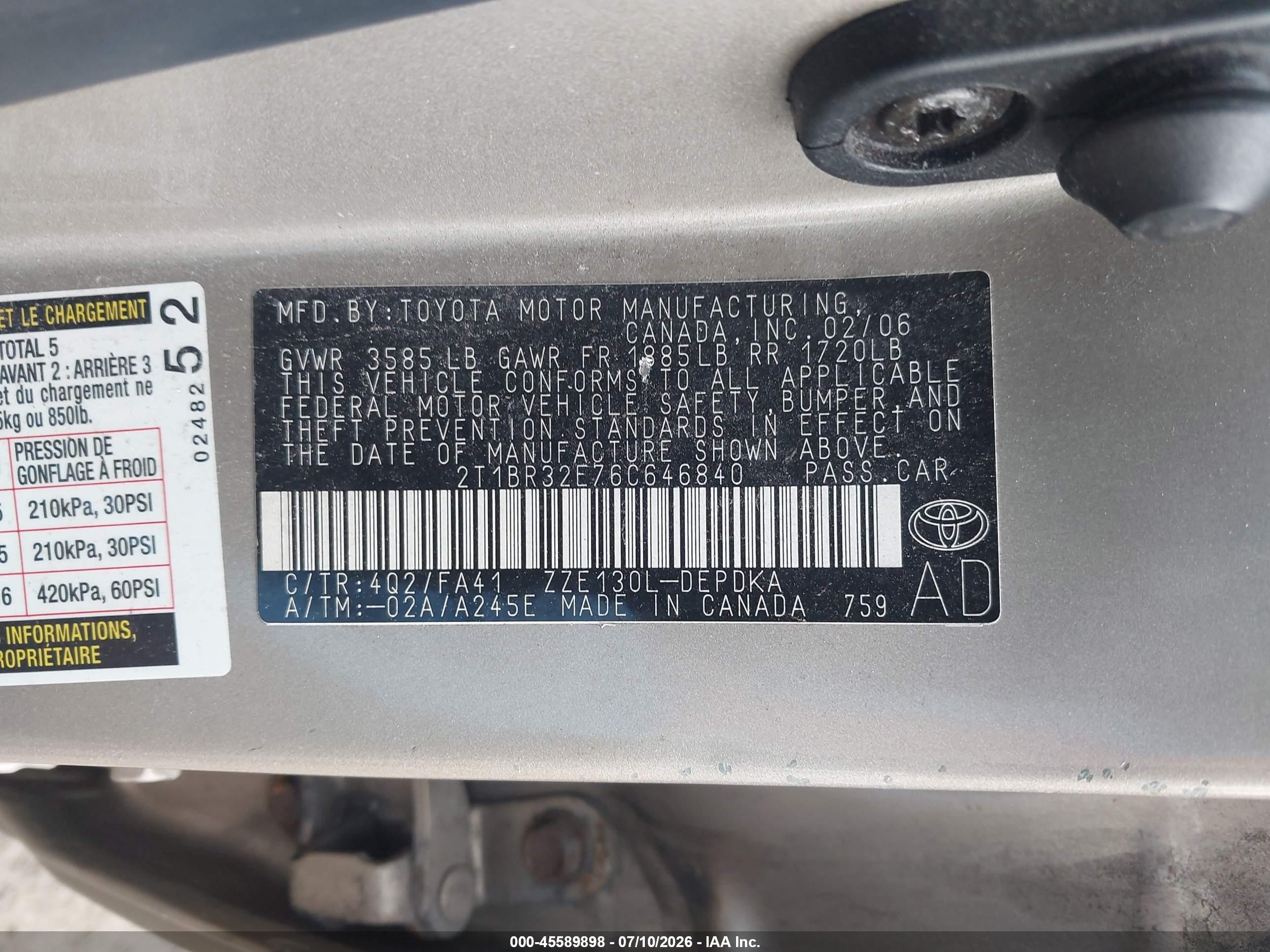 2006 Toyota Corolla Ce Cream vin: 2T1BR32E76C646840