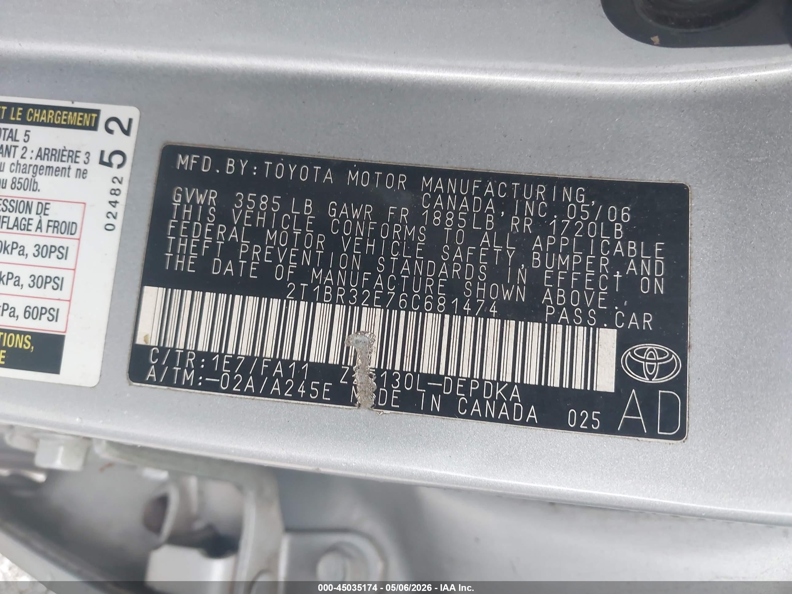 2006 Toyota Corolla Ce Gray vin: 2T1BR32E76C681474