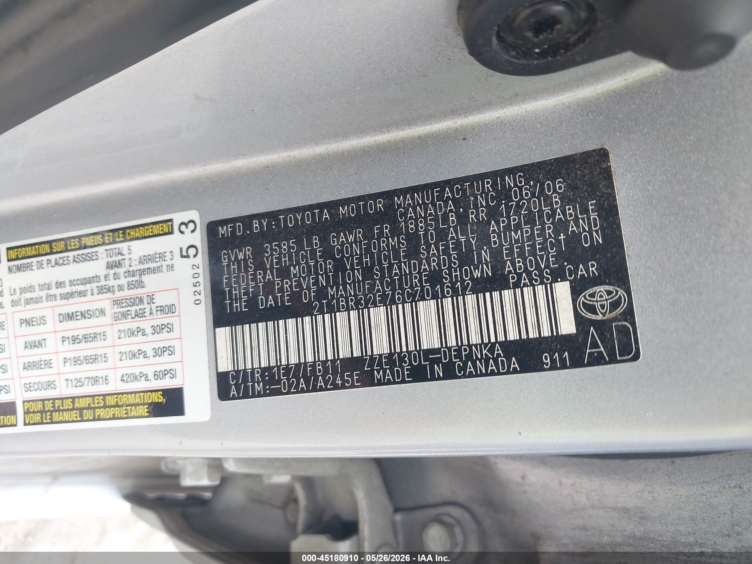 2006 Toyota Corolla Le Silver vin: 2T1BR32E76C701612