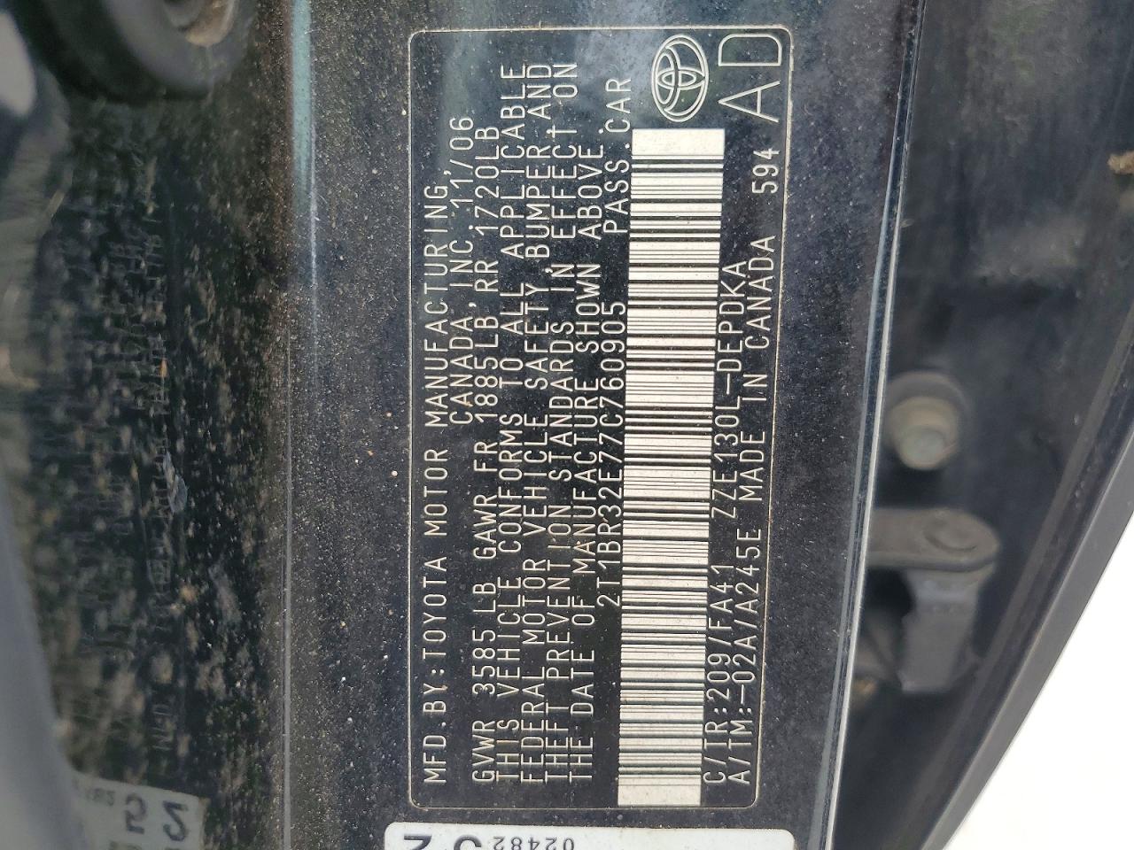 2007 Toyota Corolla Black vin: 2T1BR32E77C760905