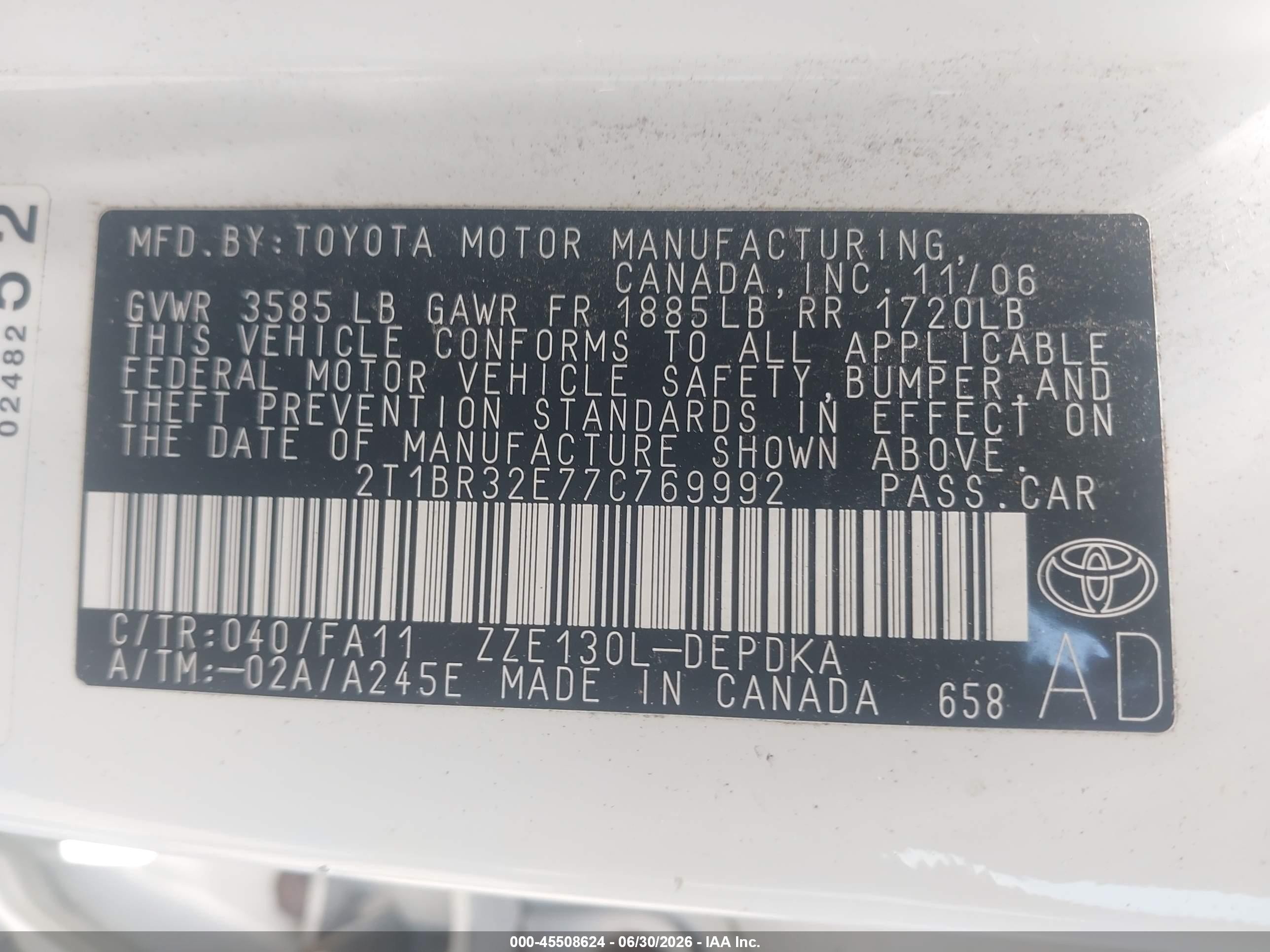 2007 Toyota Corolla Ce White vin: 2T1BR32E77C769992