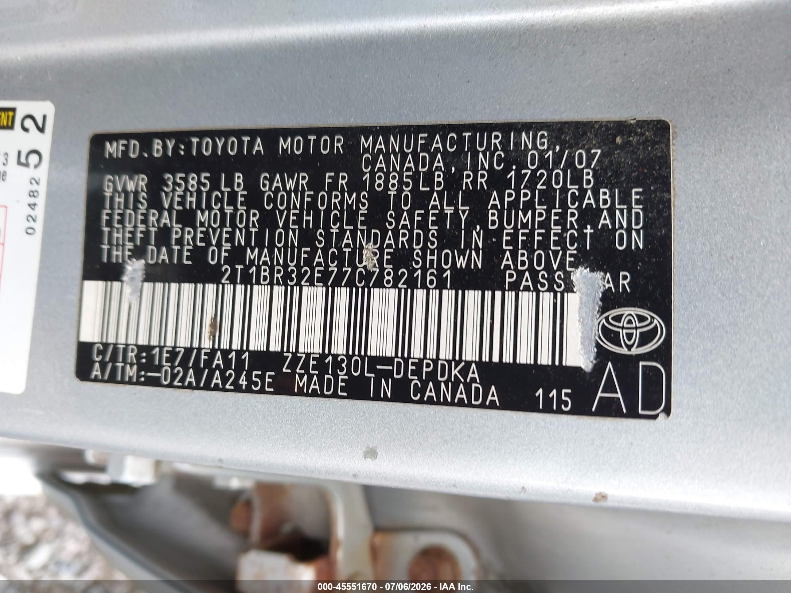 2007 Toyota Corolla Ce Silver vin: 2T1BR32E77C782161