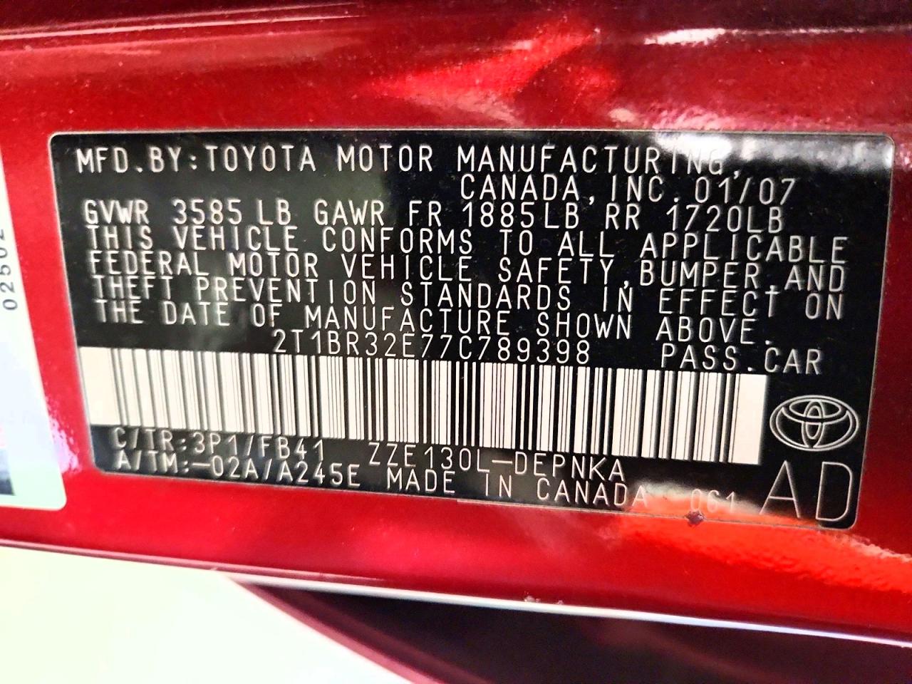 2007 Toyota Corolla Le Red vin: 2T1BR32E77C789398