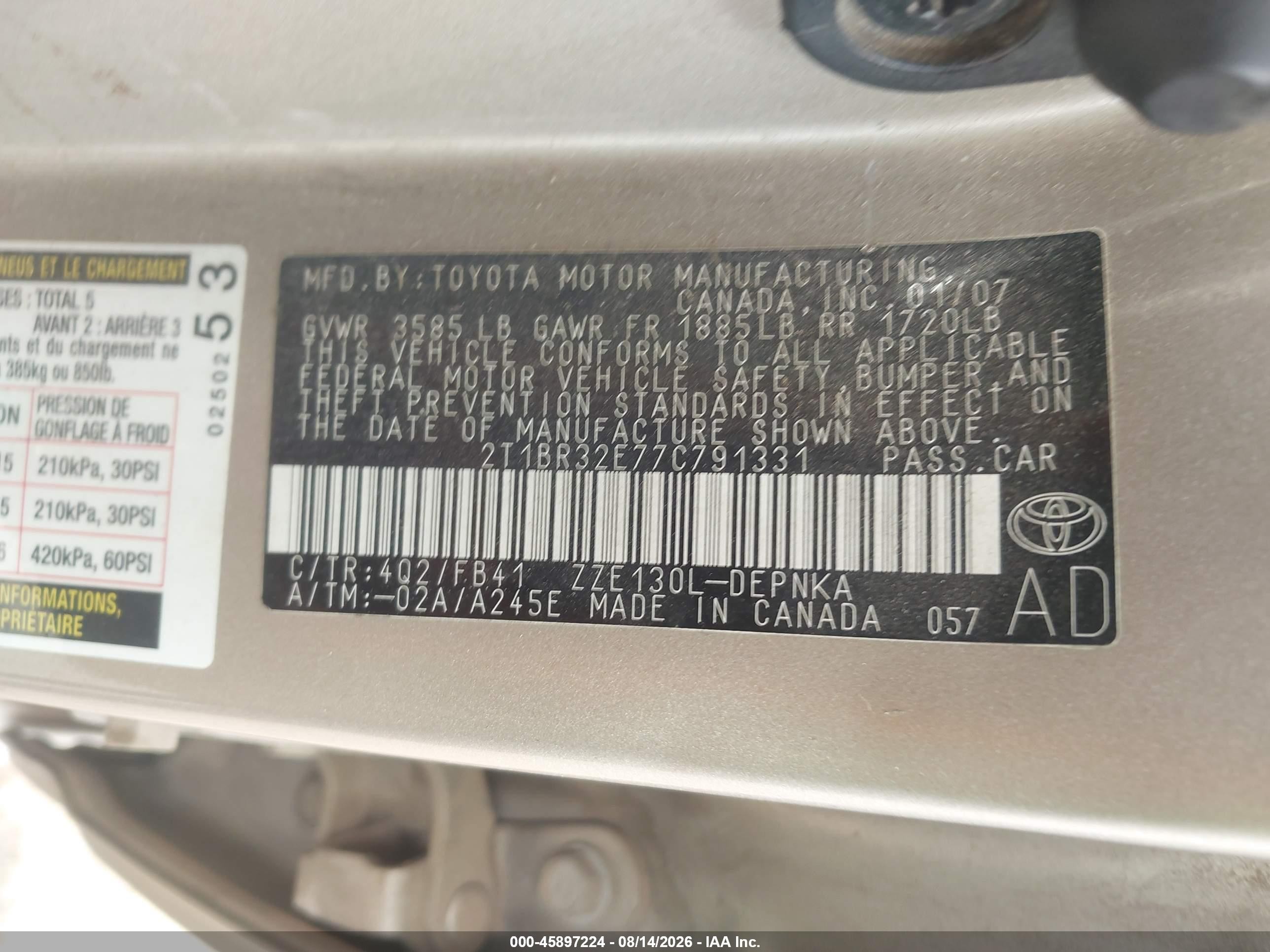 2007 Toyota Corolla Le Gold vin: 2T1BR32E77C791331