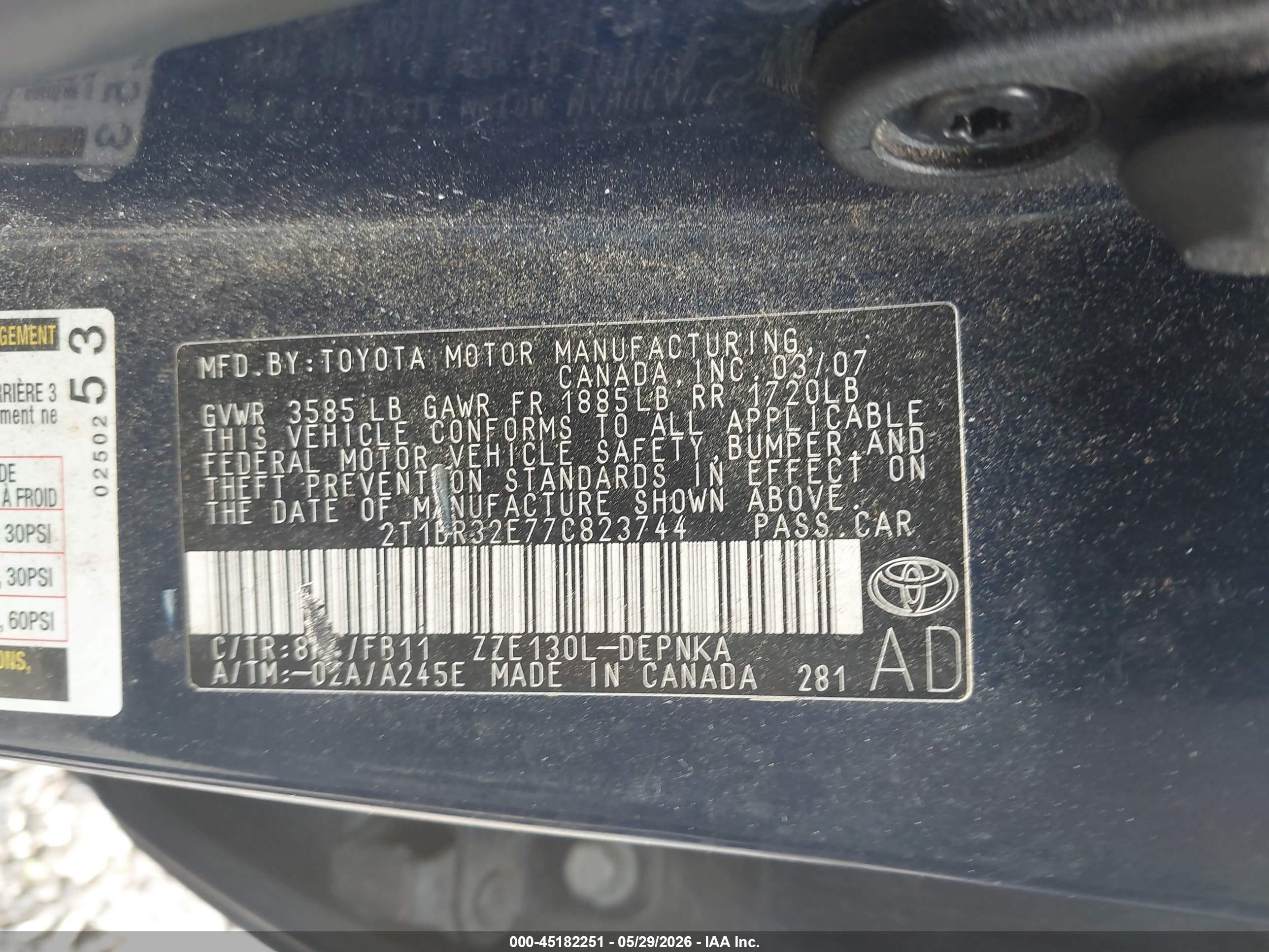 2007 Toyota Corolla Le Blue vin: 2T1BR32E77C823744