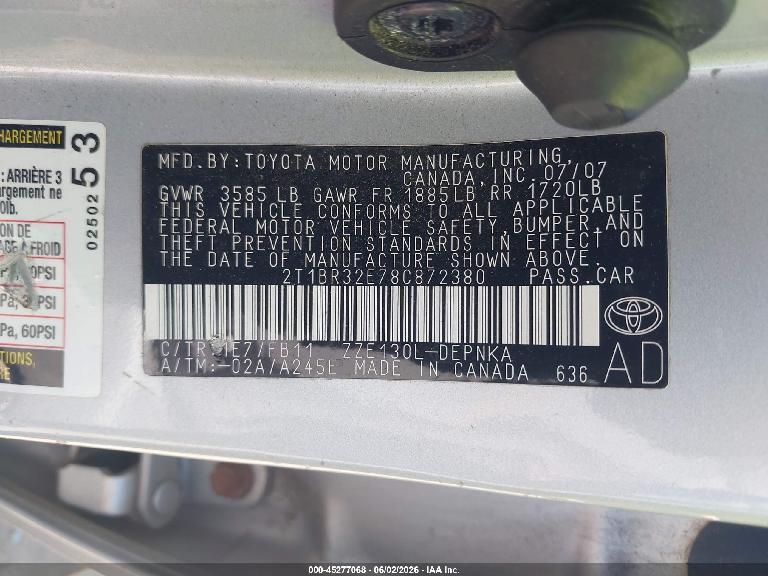 2008 Toyota Corolla Le Silver vin: 2T1BR32E78C872380