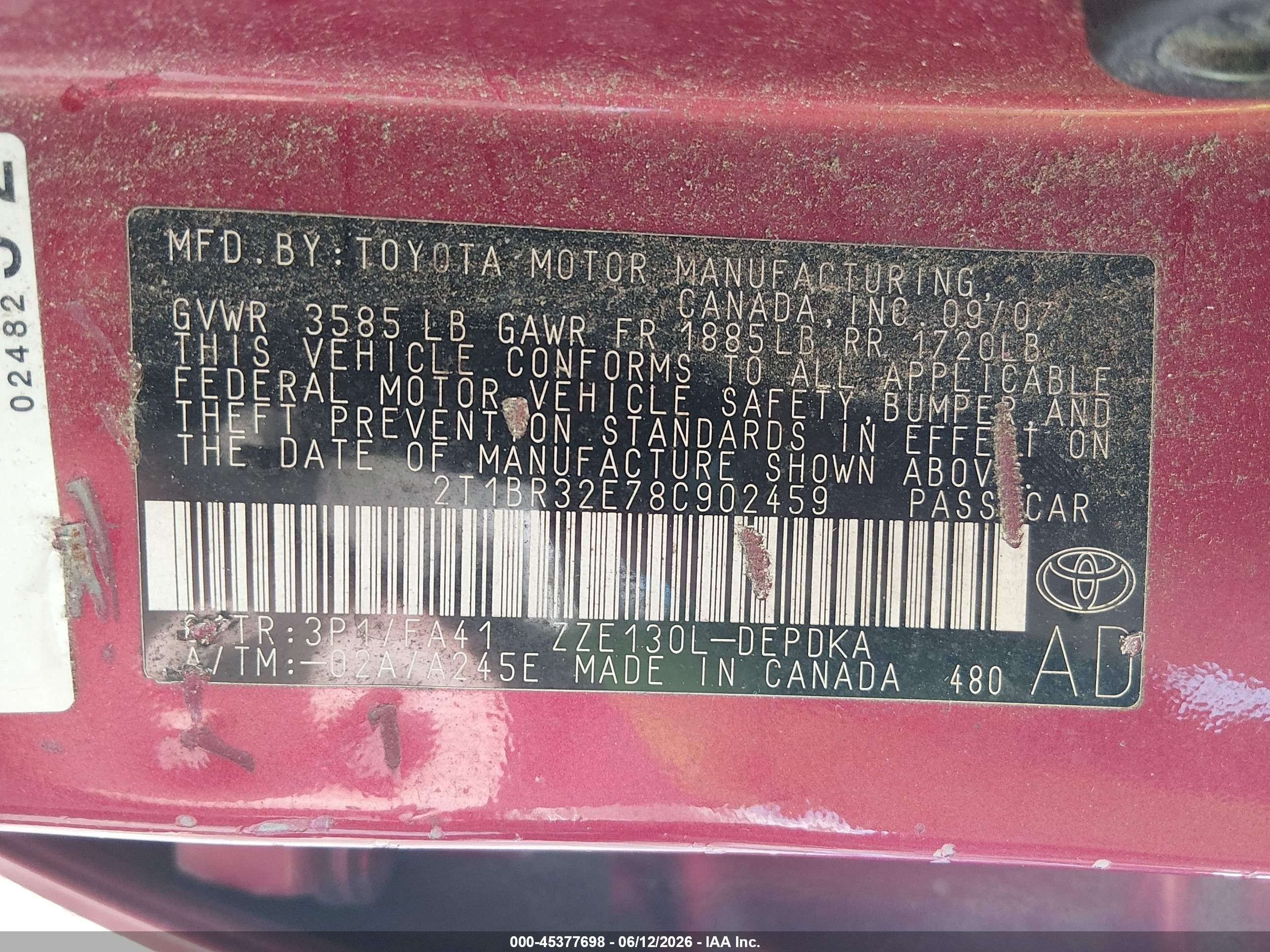 2008 Toyota Corolla Ce Red vin: 2T1BR32E78C902459