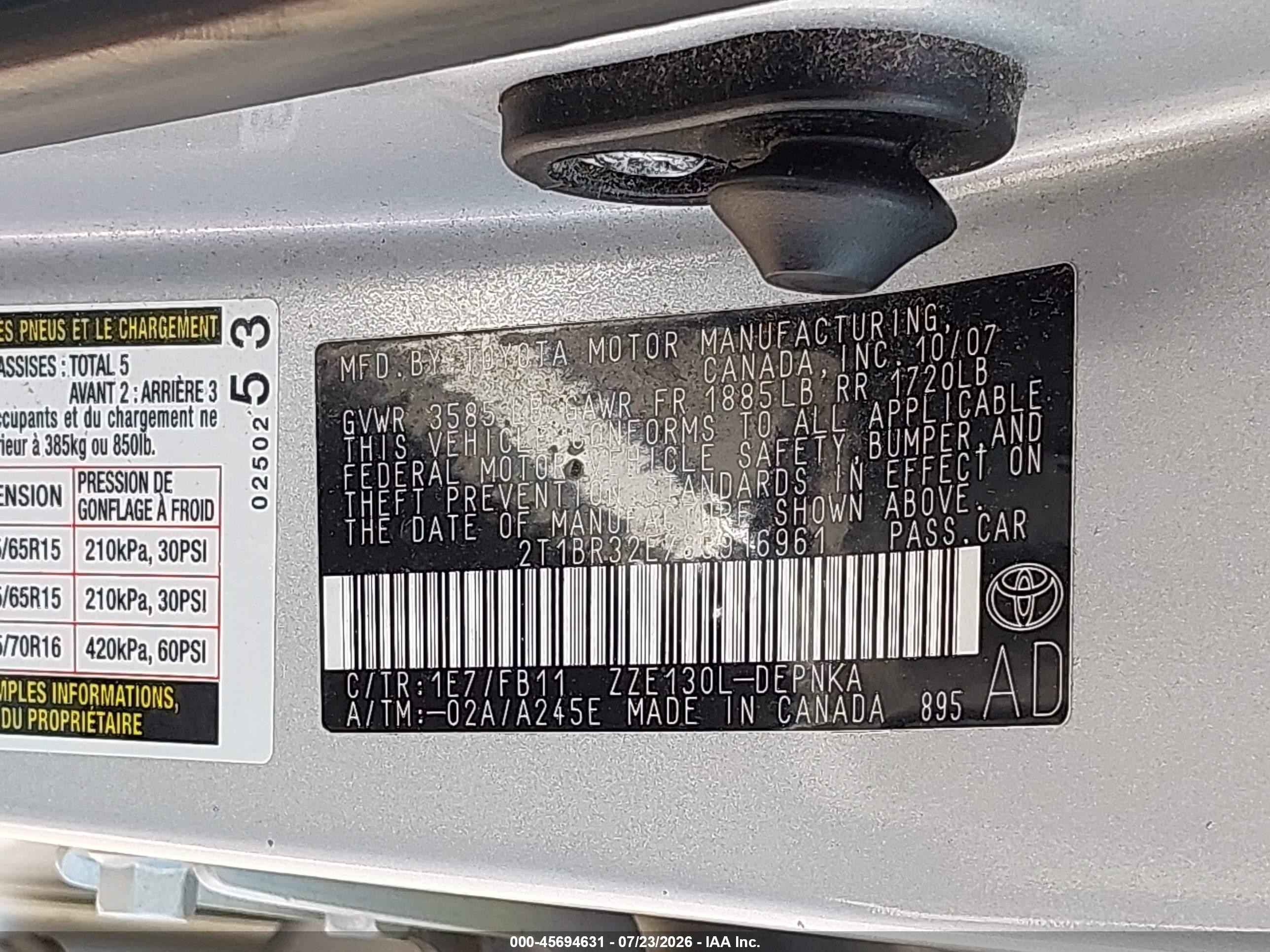 2008 Toyota Corolla Le Silver vin: 2T1BR32E78C916961