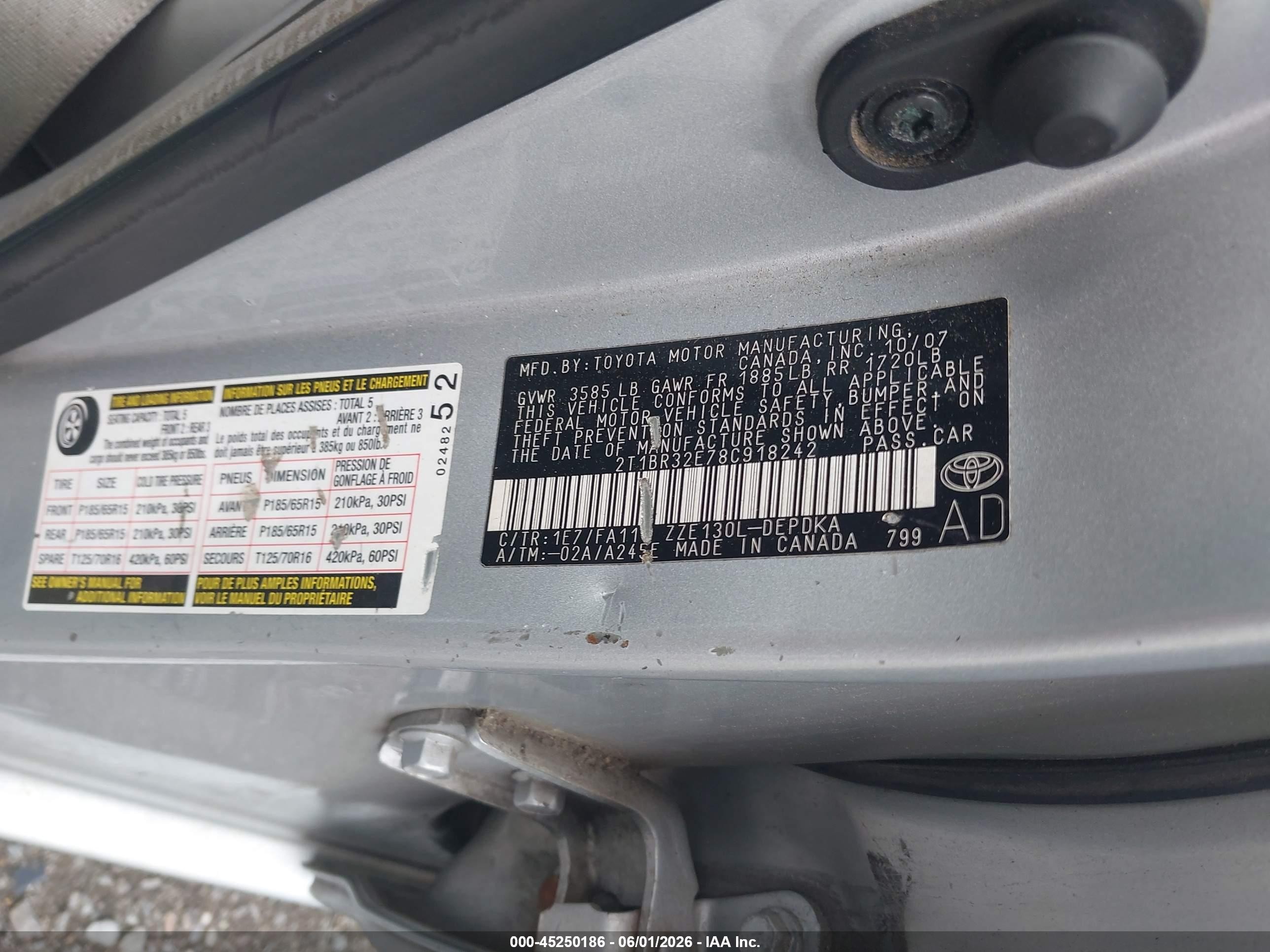 2008 Toyota Corolla Ce Silver vin: 2T1BR32E78C918242