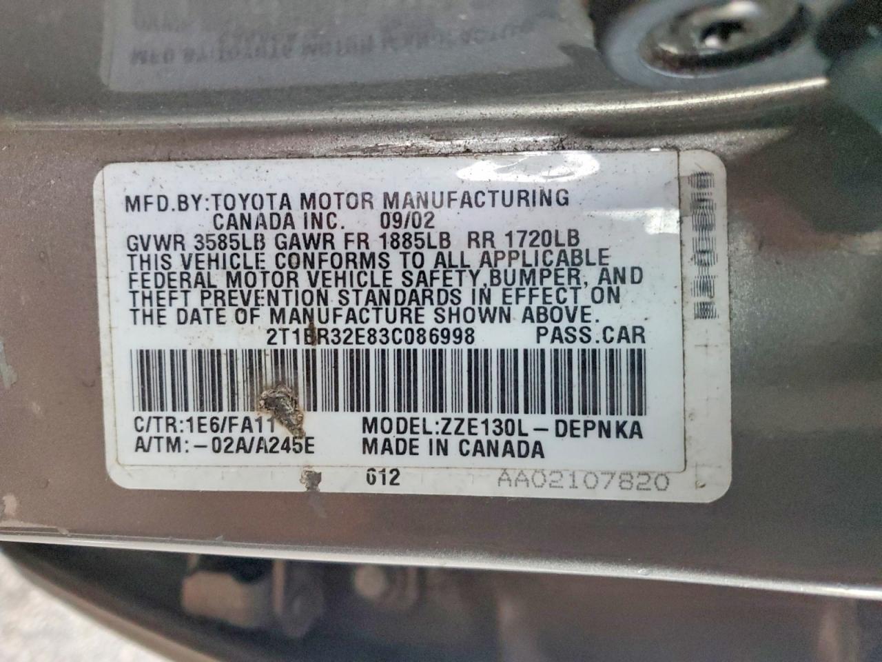 2003 Toyota Corolla Ce Gray vin: 2T1BR32E83C086998