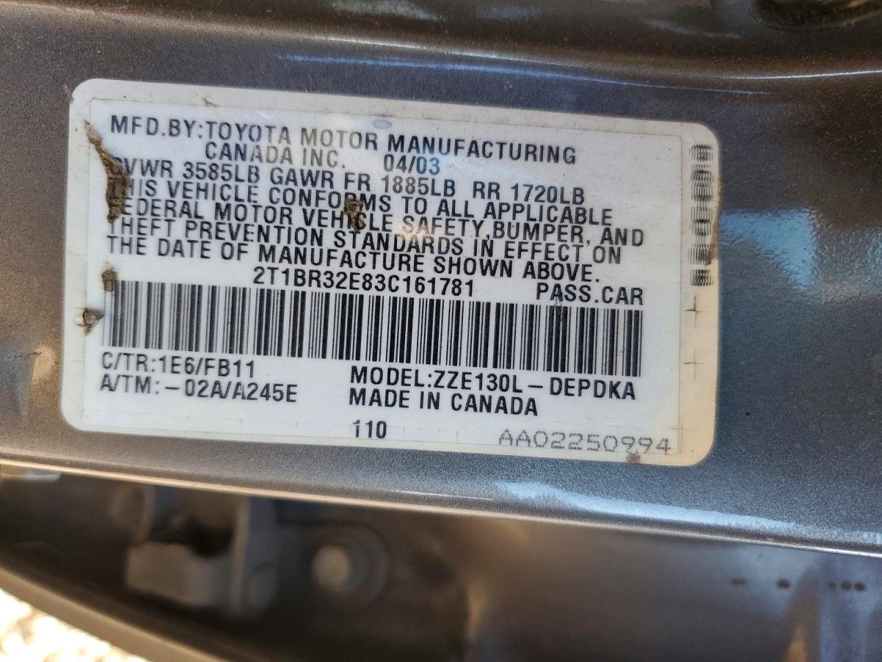 2003 Toyota Corolla Ce Gray vin: 2T1BR32E83C161781
