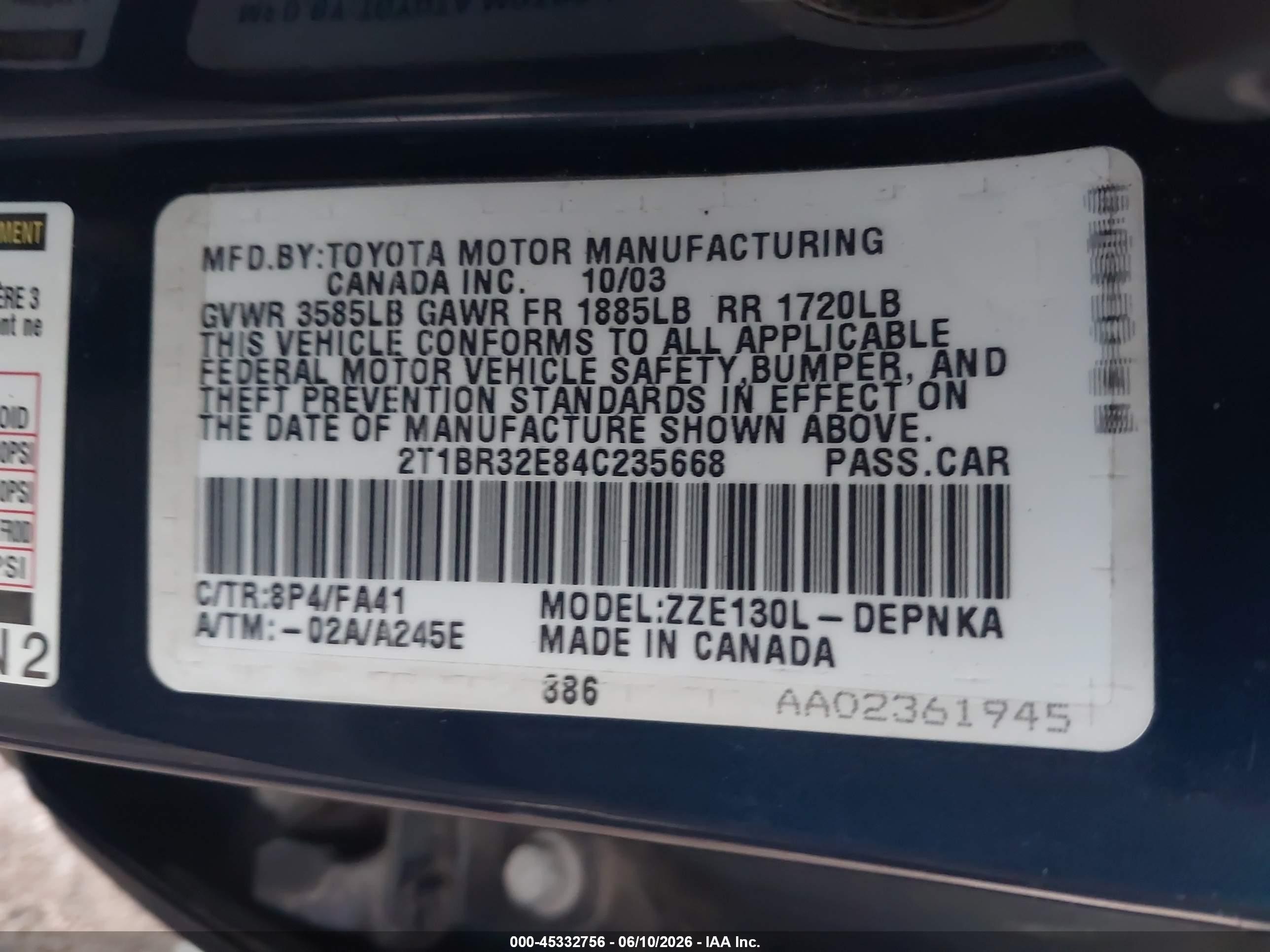 2004 Toyota Corolla Le Blue vin: 2T1BR32E84C235668