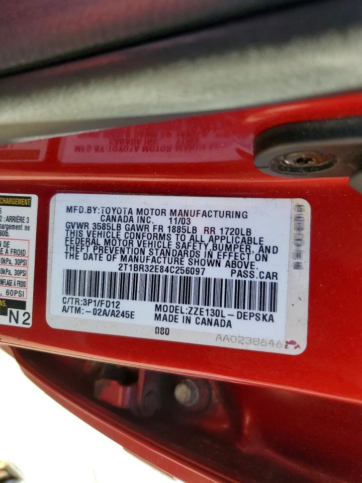 2004 Toyota Corolla S Red vin: 2T1BR32E84C256097