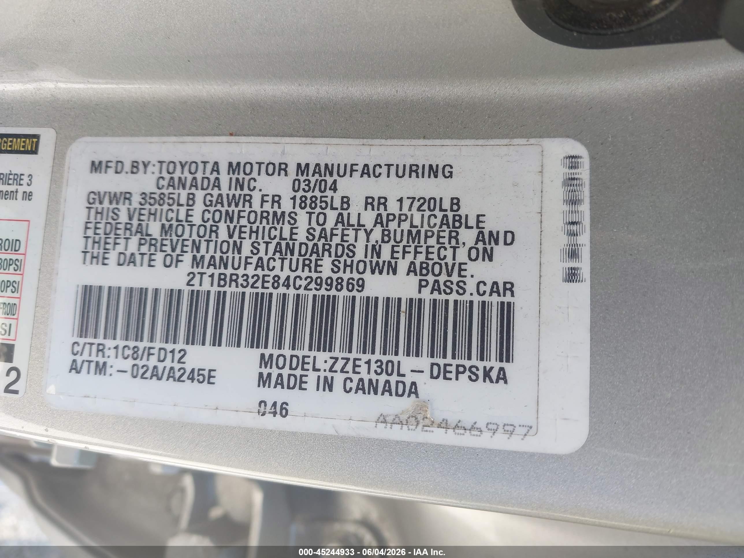 2004 Toyota Corolla S Silver vin: 2T1BR32E84C299869