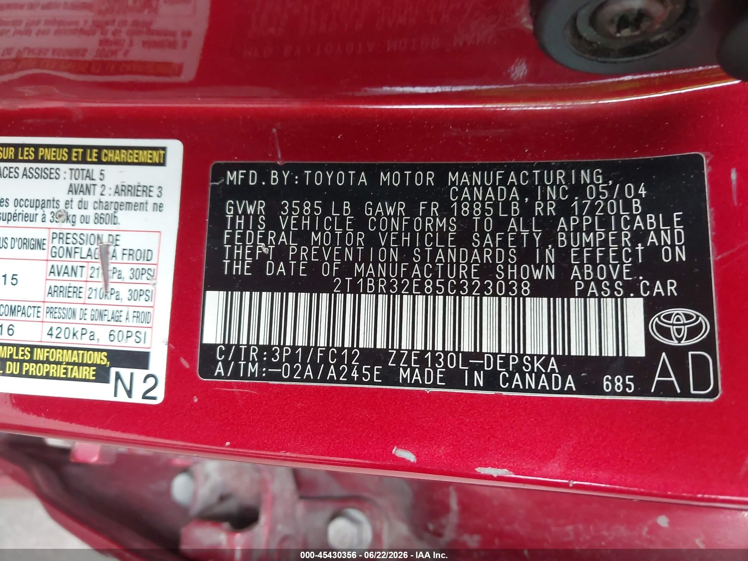 2005 Toyota Corolla S Red vin: 2T1BR32E85C323038