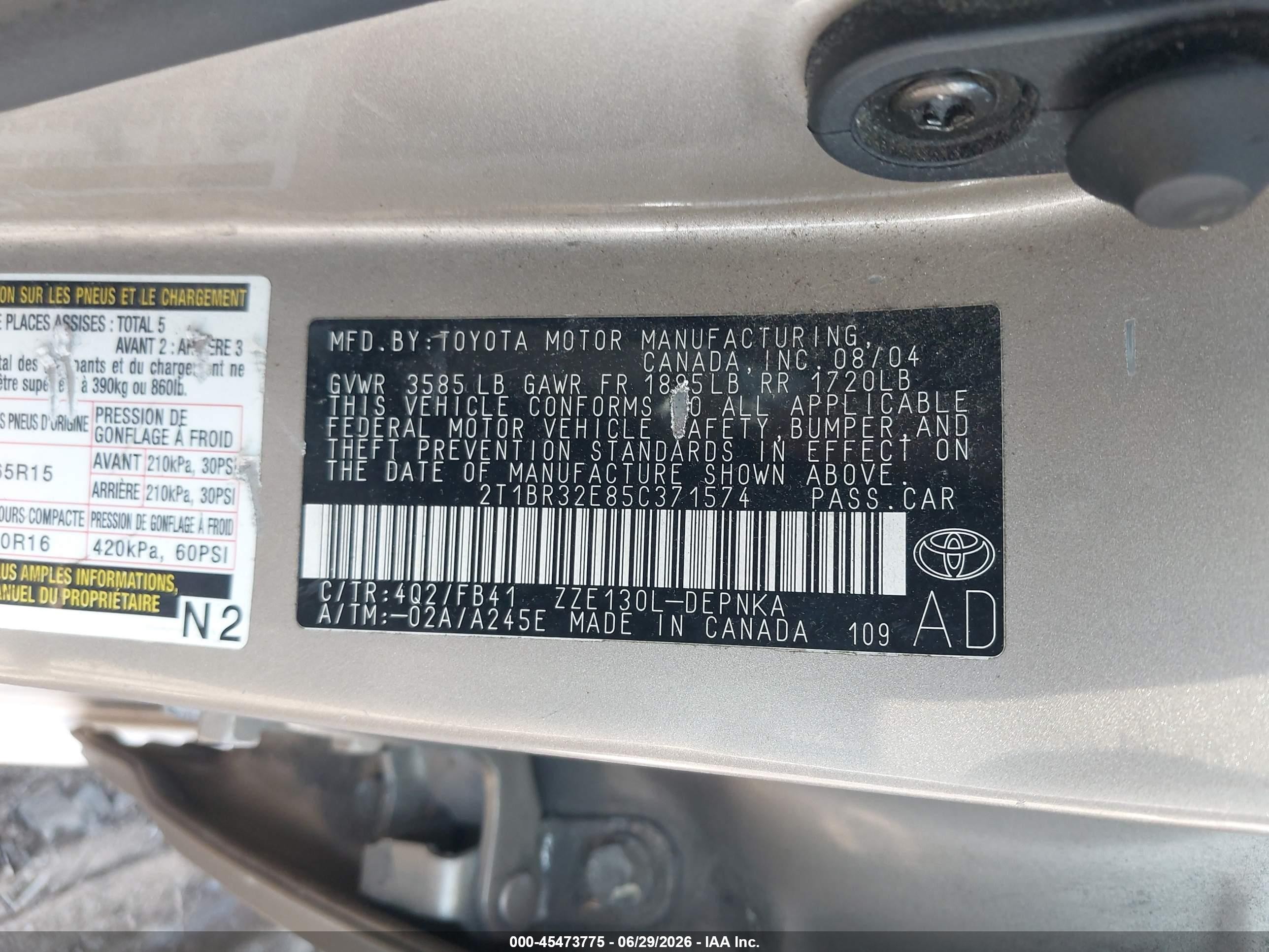 2005 Toyota Corolla Le Champagne vin: 2T1BR32E85C371574