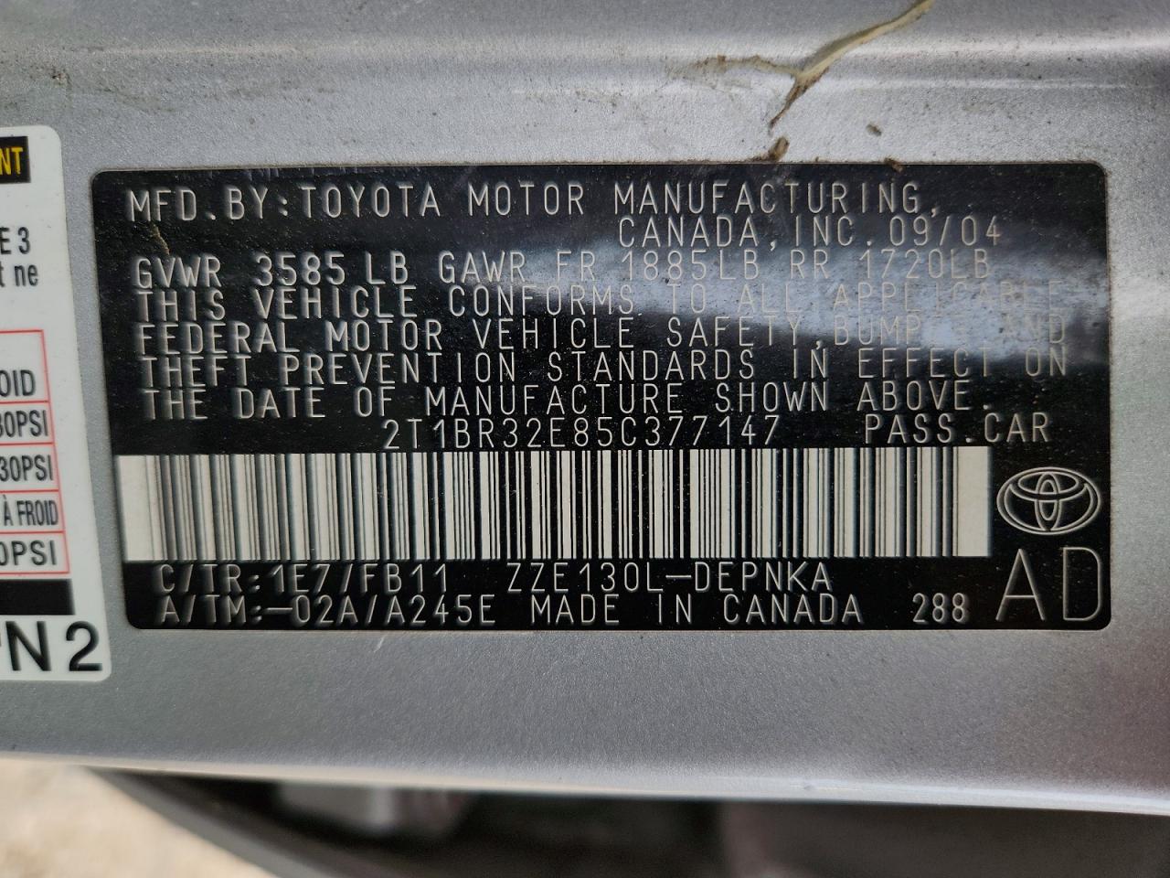 2005 Toyota Corolla Le Silver vin: 2T1BR32E85C377147