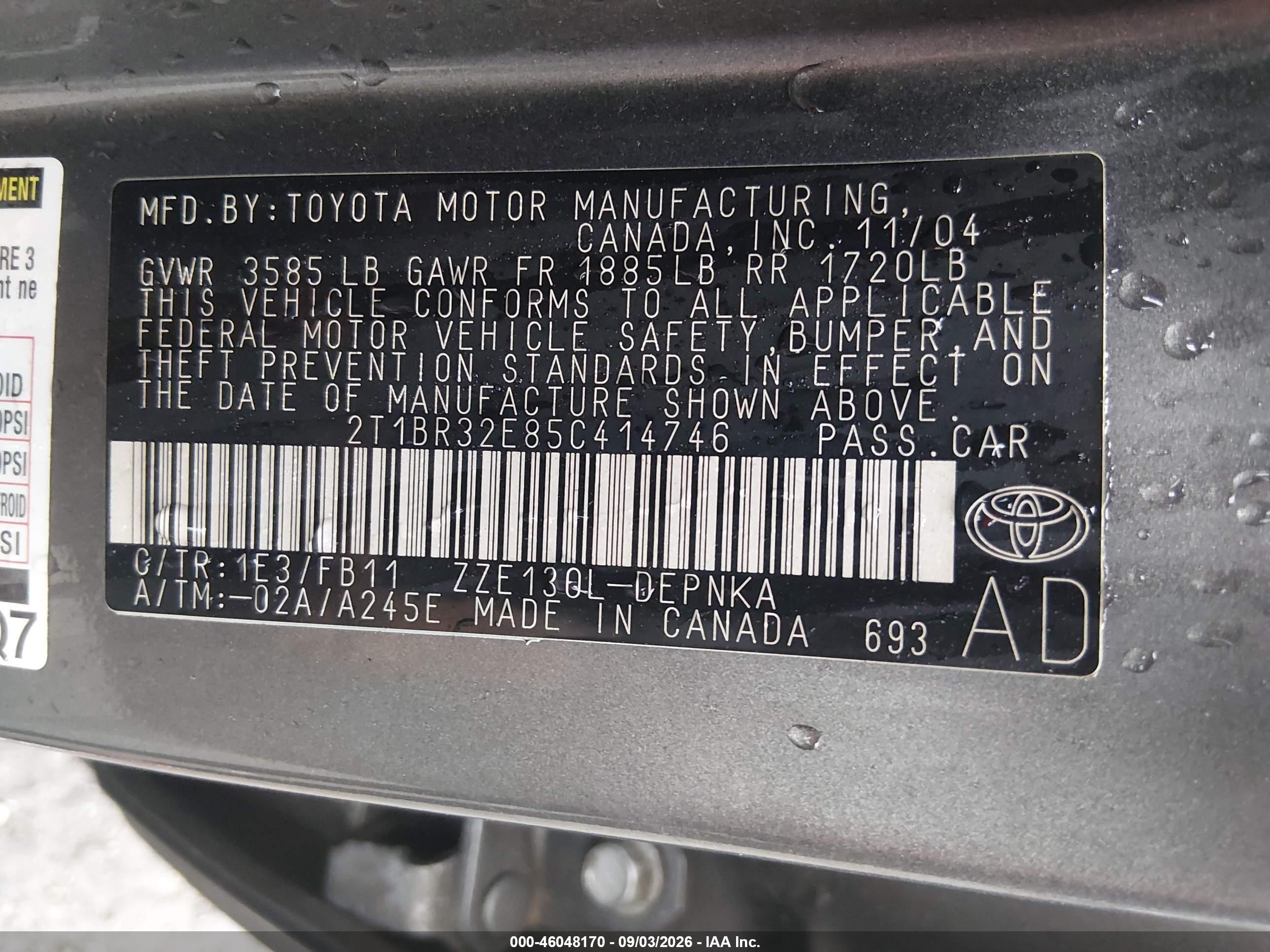 2005 Toyota Corolla Le Gray vin: 2T1BR32E85C414746