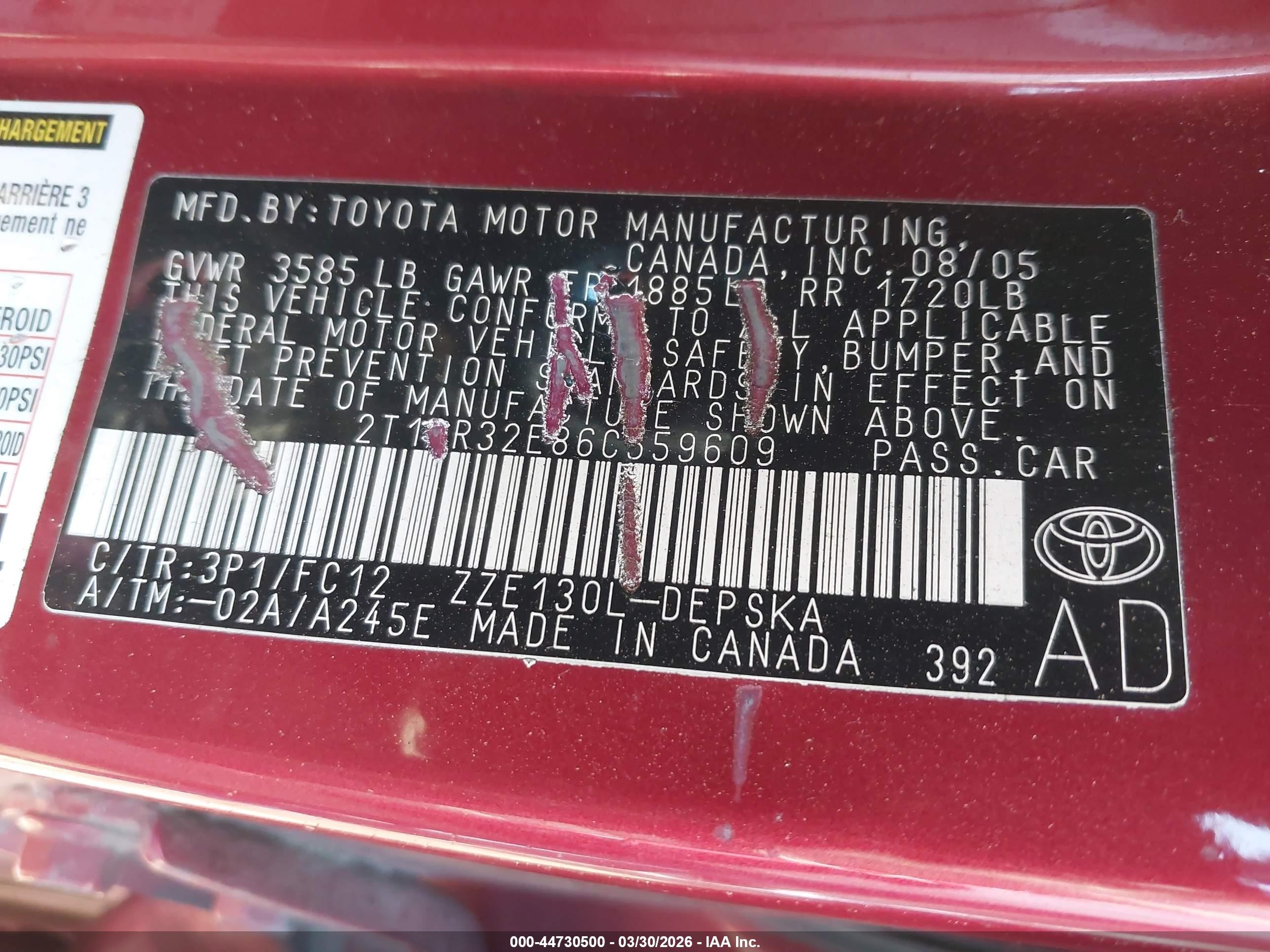 2006 Toyota Corolla S Red vin: 2T1BR32E86C559609