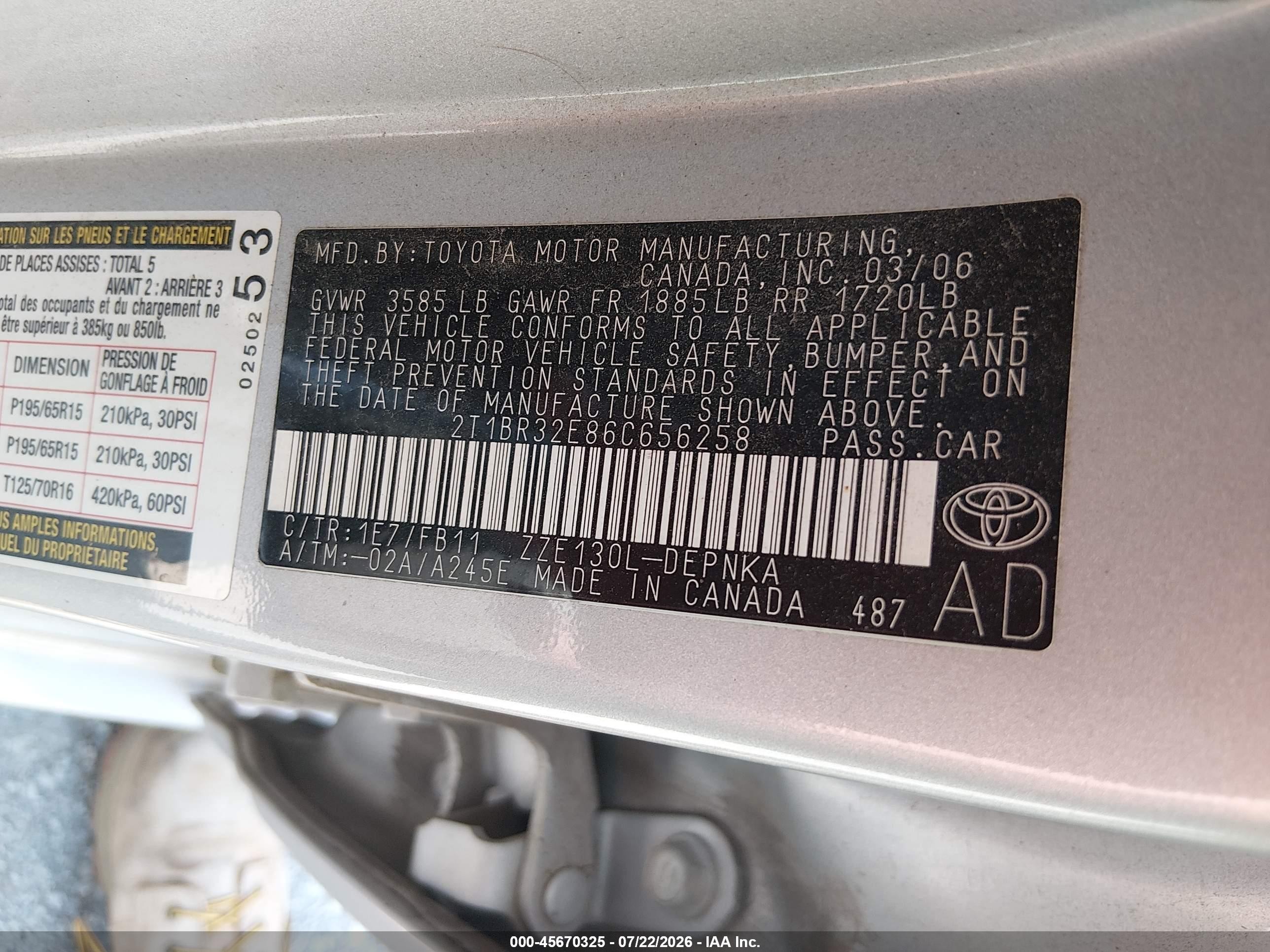 2006 Toyota Corolla Le Silver vin: 2T1BR32E86C656258