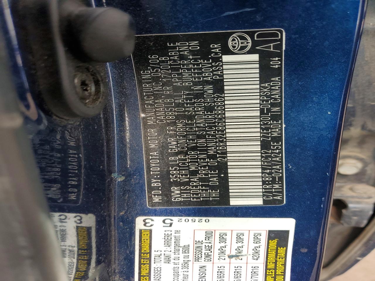 2006 Toyota Corolla S Blue vin: 2T1BR32E86C686862