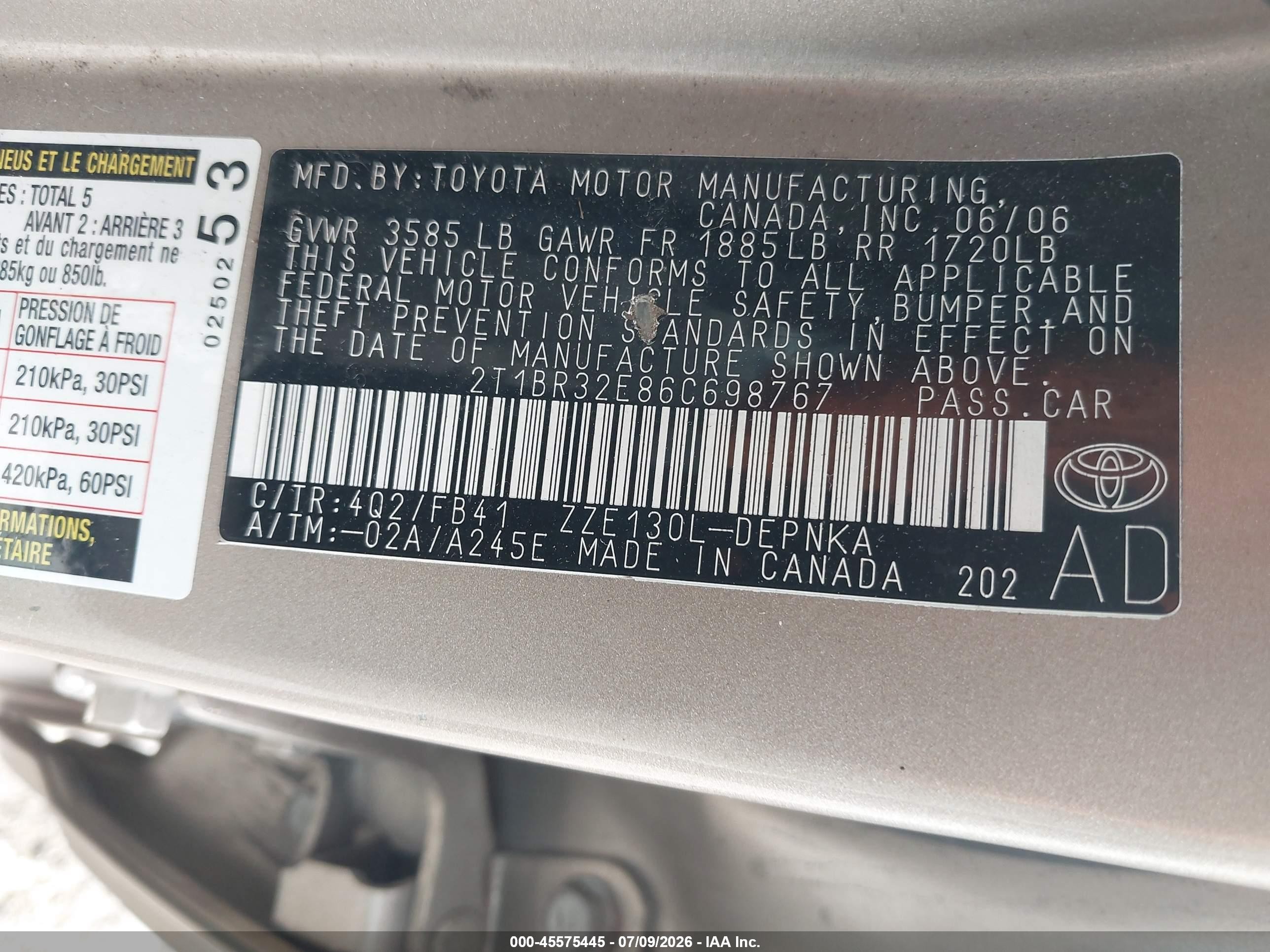 2006 Toyota Corolla Le Tan vin: 2T1BR32E86C698767