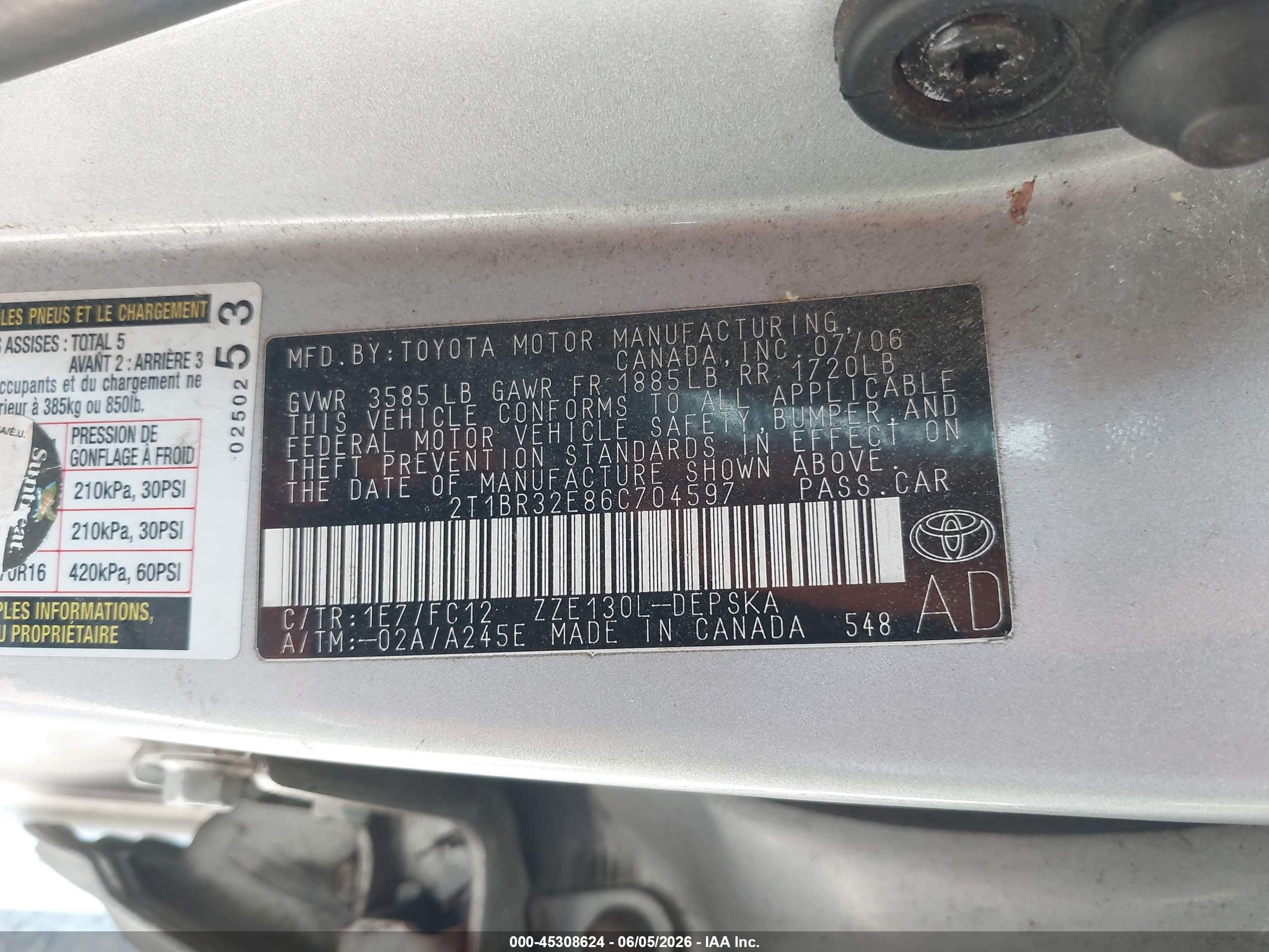 2006 Toyota Corolla Ce/le/s Silver vin: 2T1BR32E86C704597