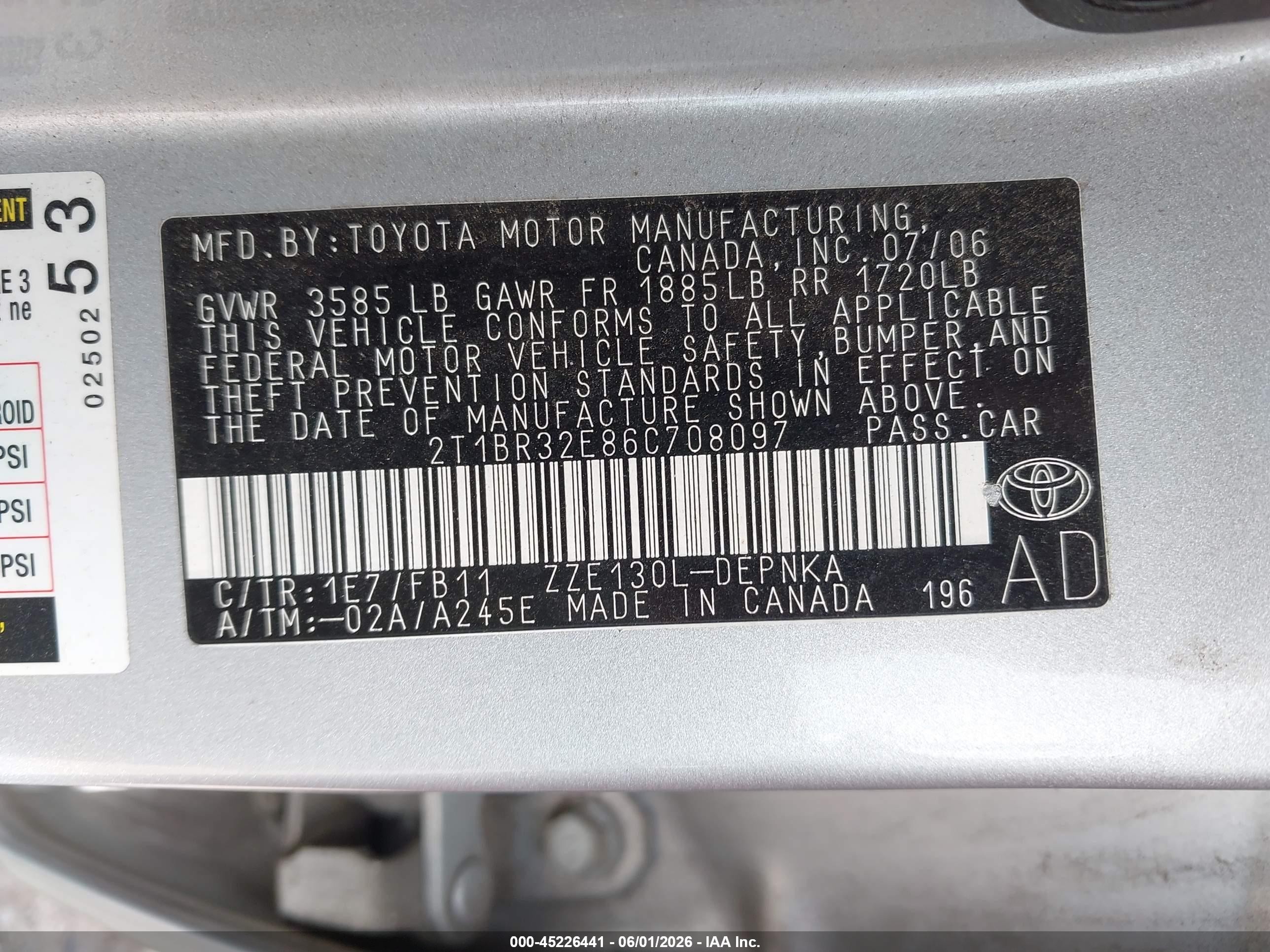 2006 Toyota Corolla Le Серебряный vin: 2T1BR32E86C708097