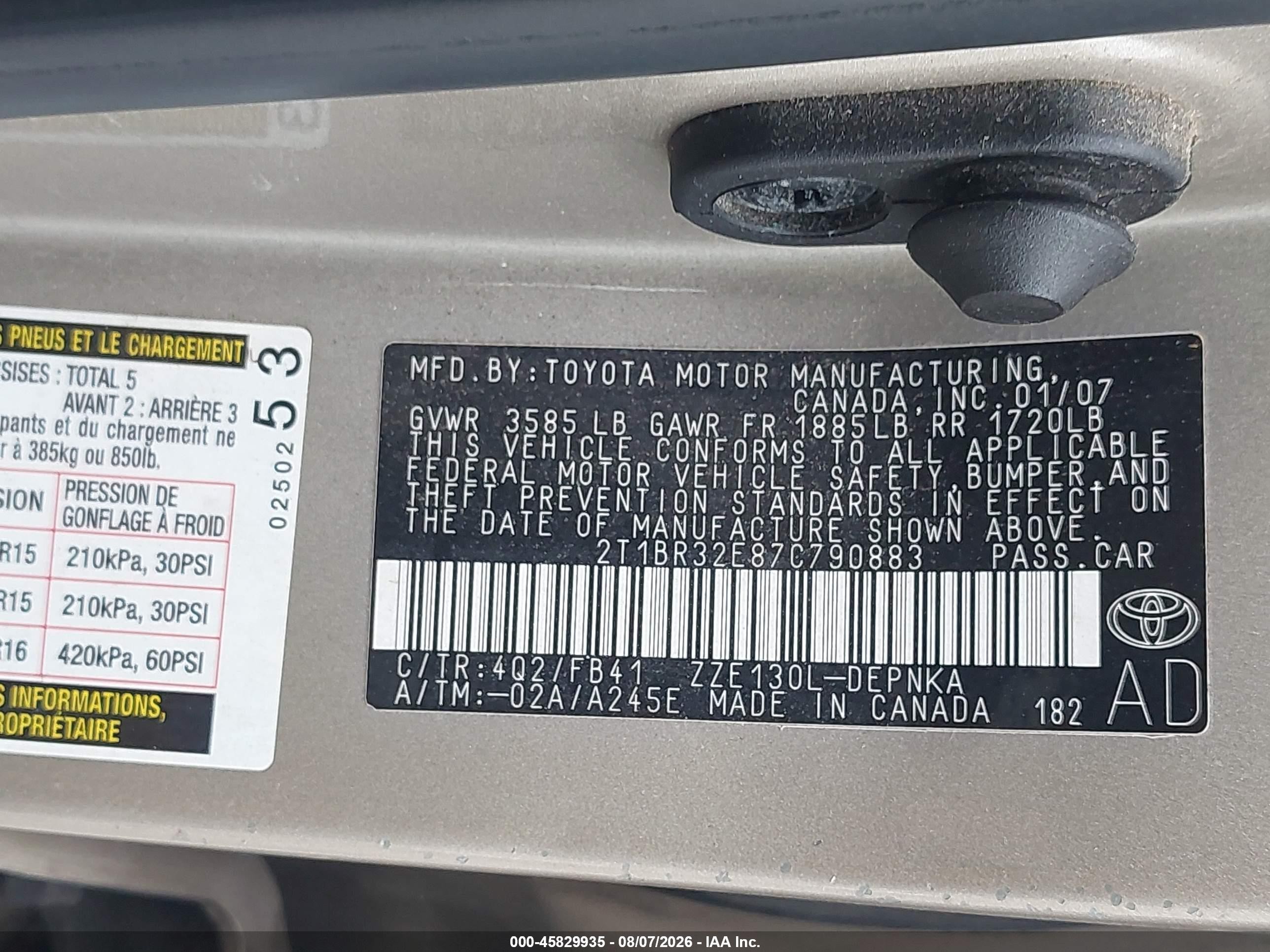 2007 Toyota Corolla Le Gold vin: 2T1BR32E87C790883