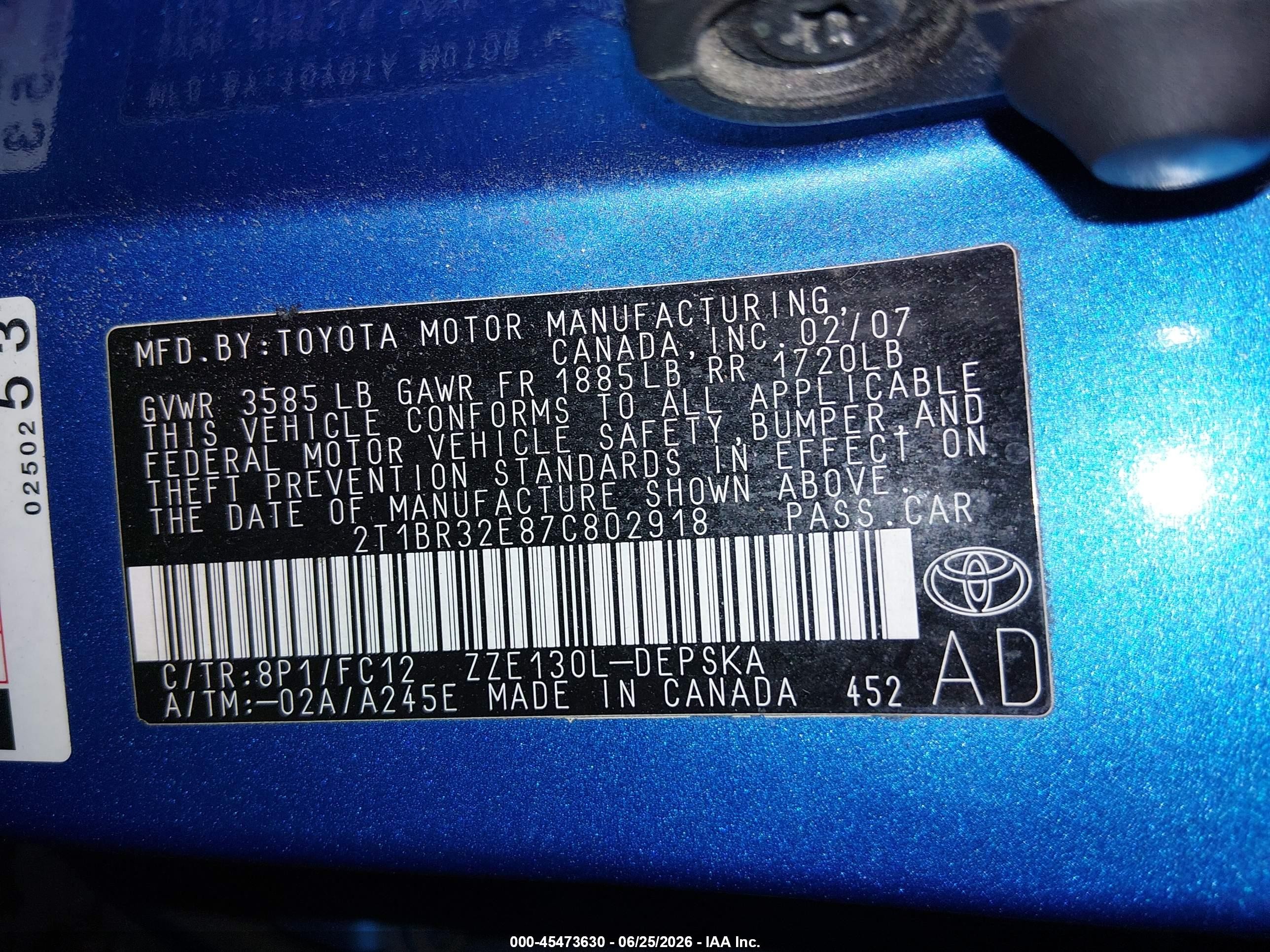 2007 Toyota Corolla S Blue vin: 2T1BR32E87C802918