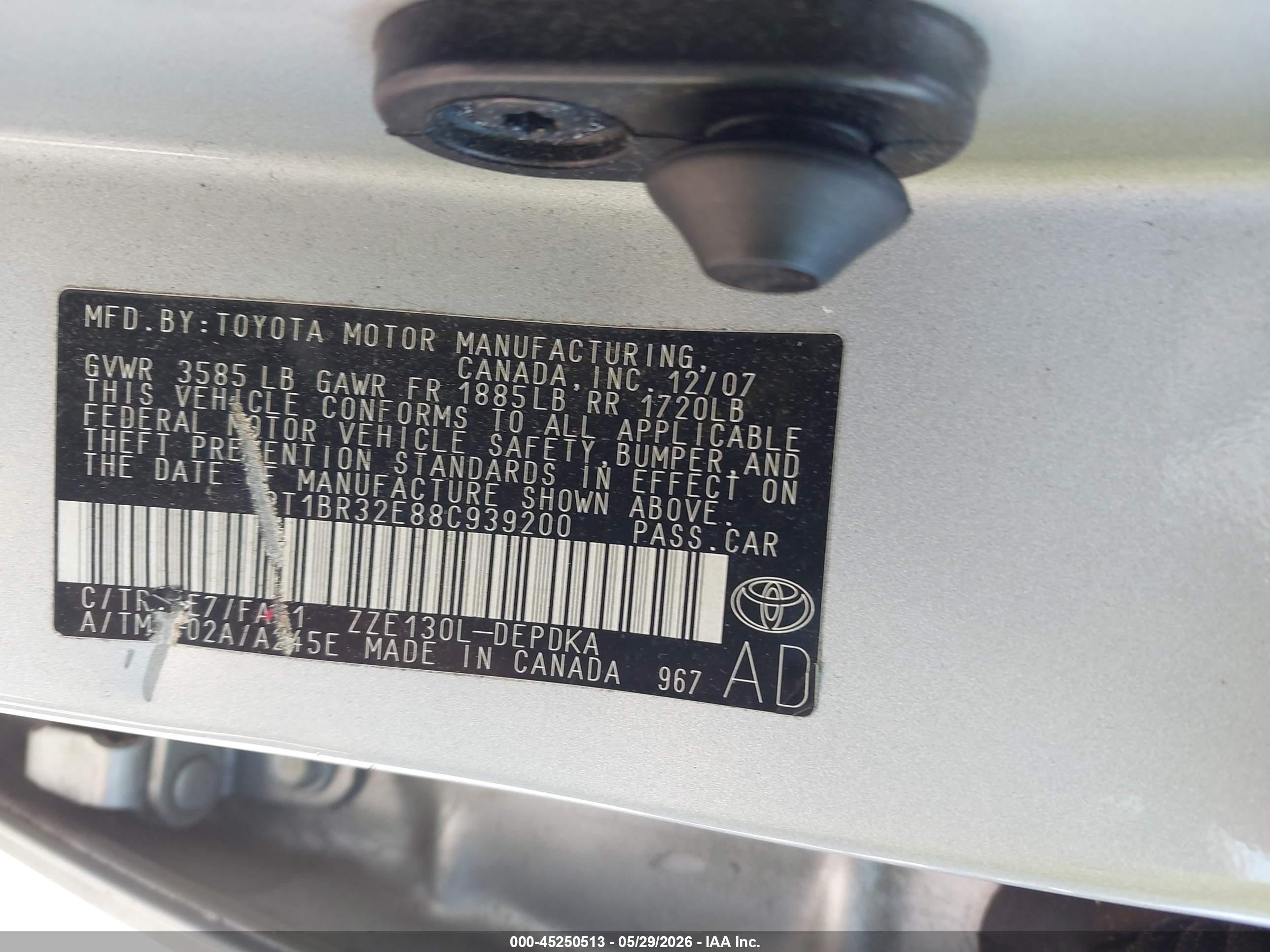 2008 Toyota Corolla Ce Silver vin: 2T1BR32E88C939200