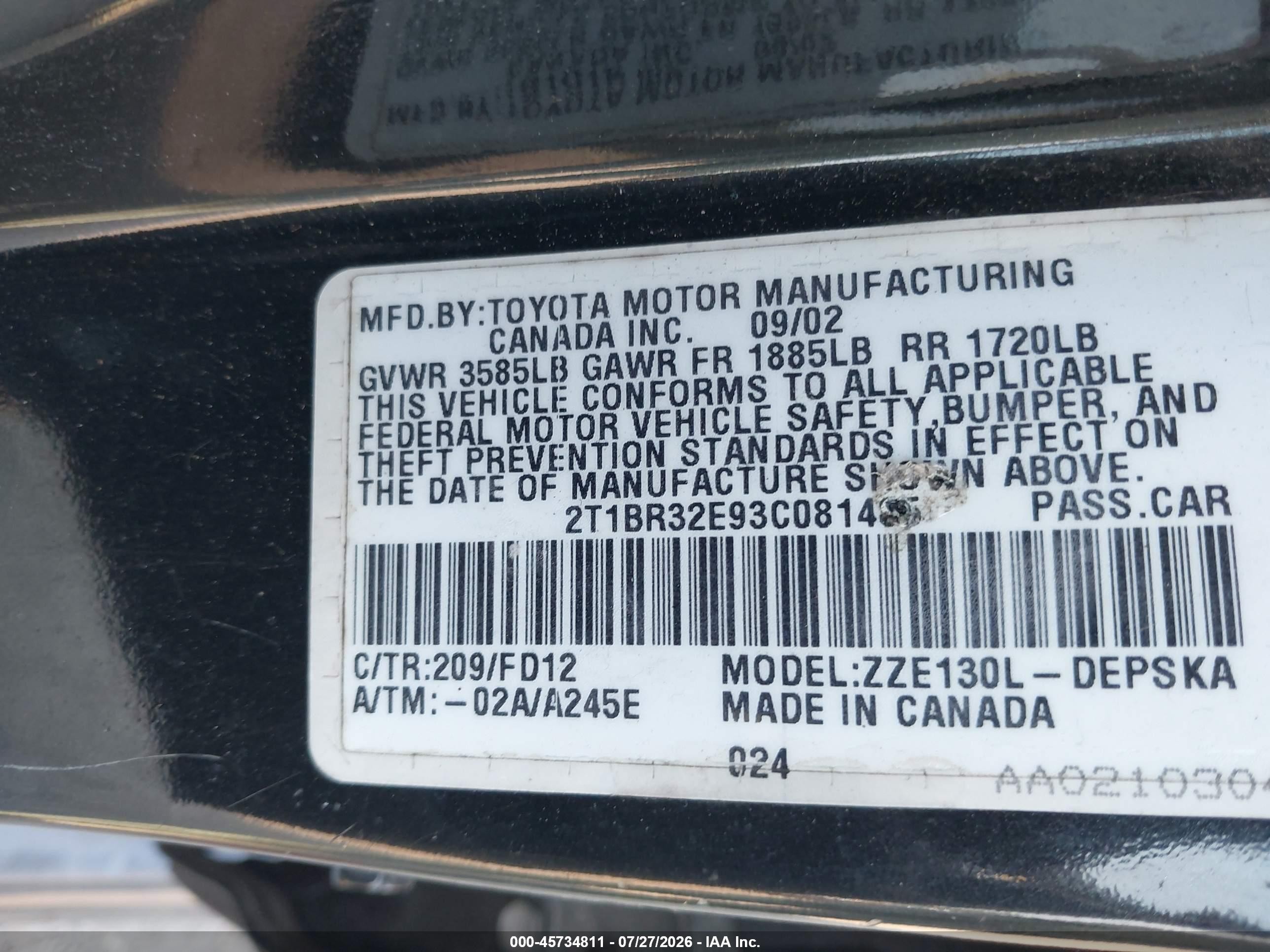 2003 Toyota Corolla S Black vin: 2T1BR32E93C081485