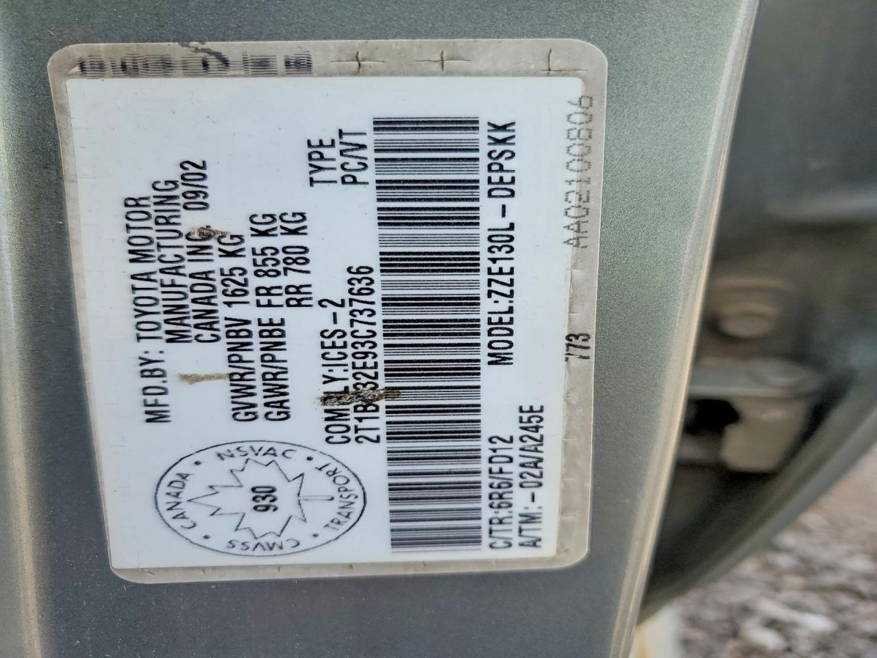 2003 Toyota Corolla Ce Gray vin: 2T1BR32E93C737636