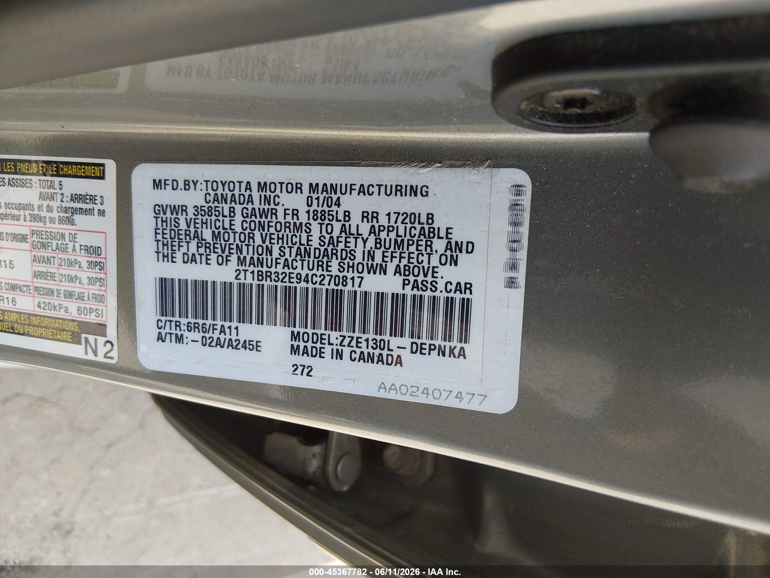 2004 Toyota Corolla Le Silver vin: 2T1BR32E94C270817