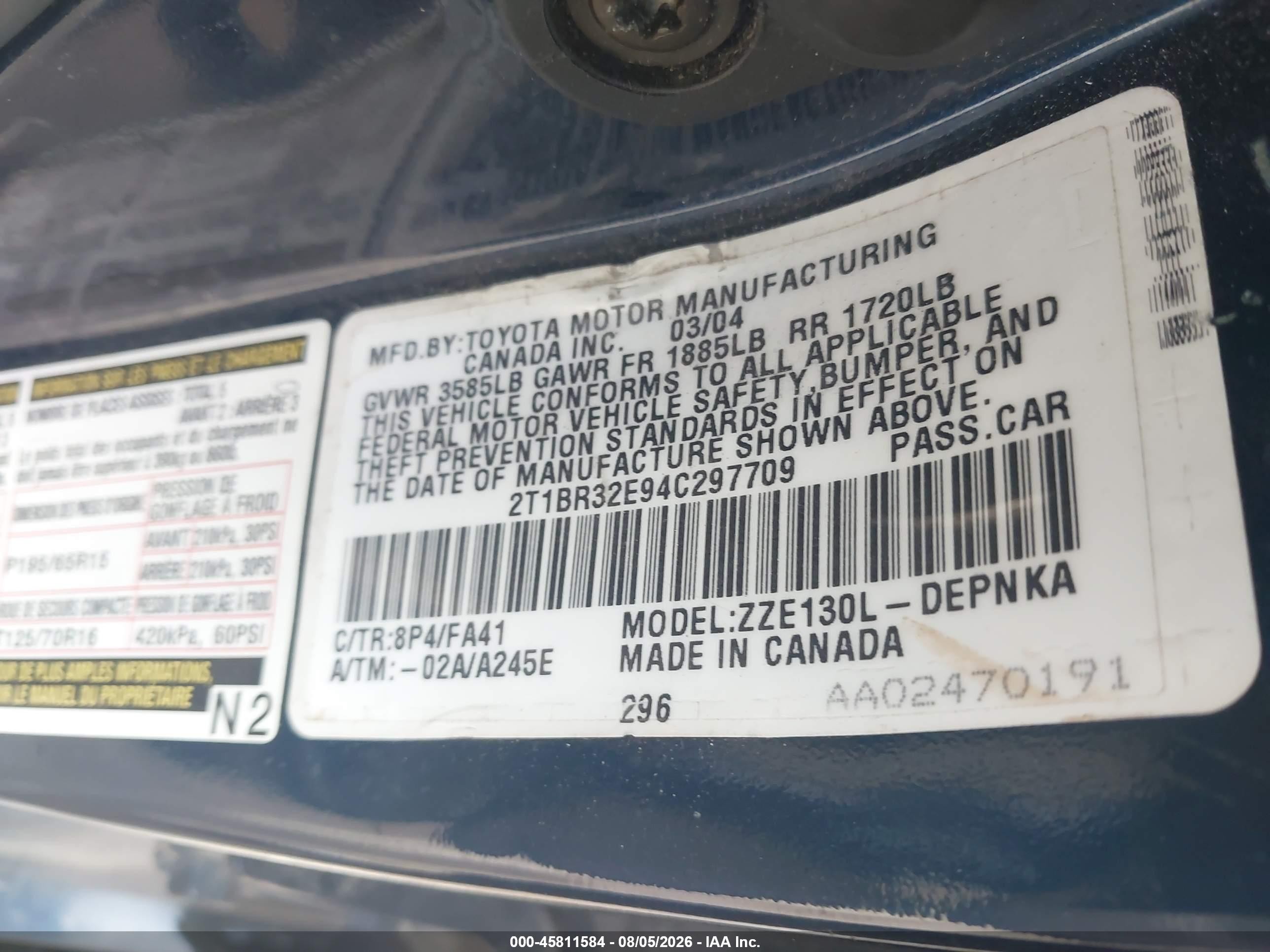2004 Toyota Corolla Le Dark Blue vin: 2T1BR32E94C297709