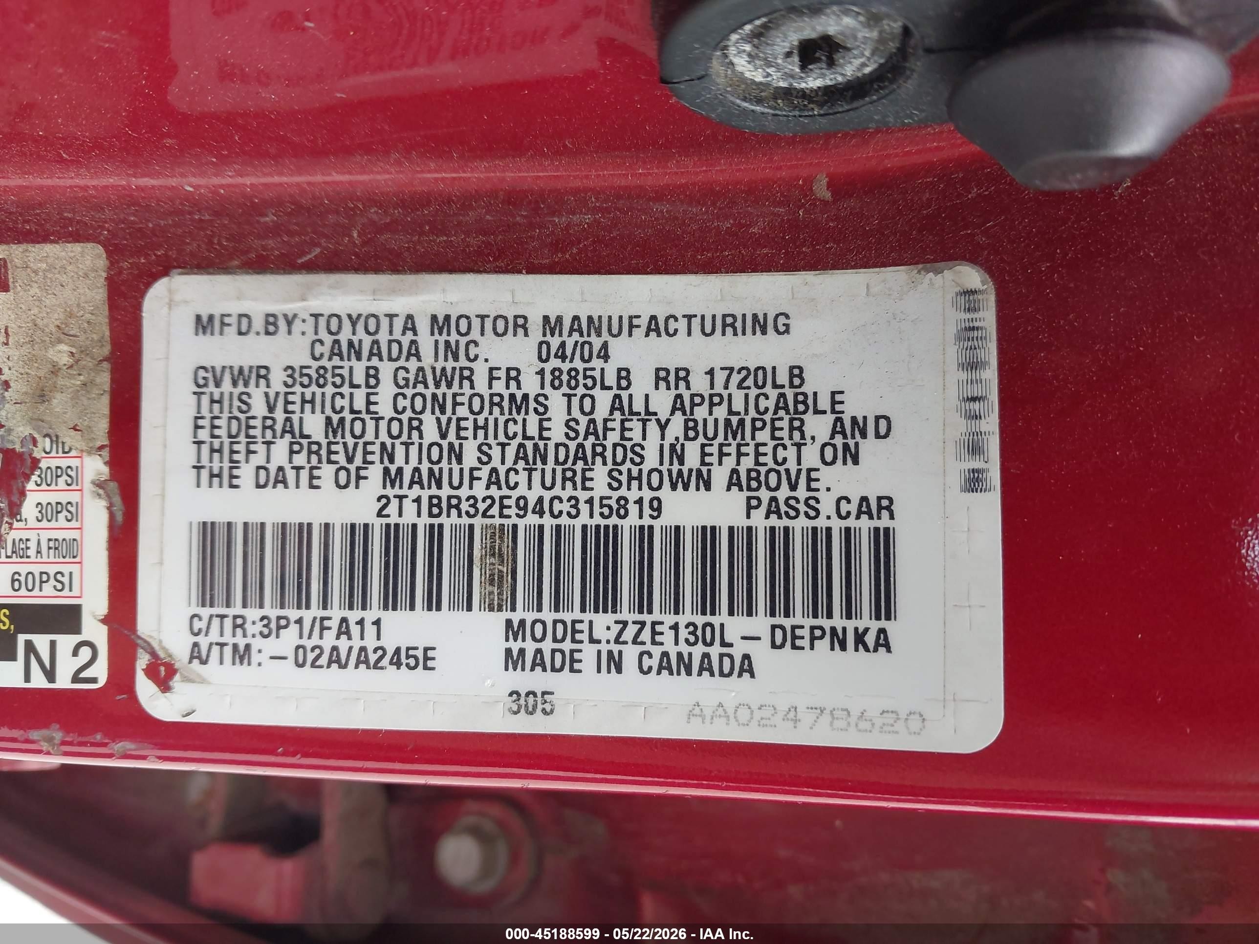 2004 Toyota Corolla Le Красный vin: 2T1BR32E94C315819
